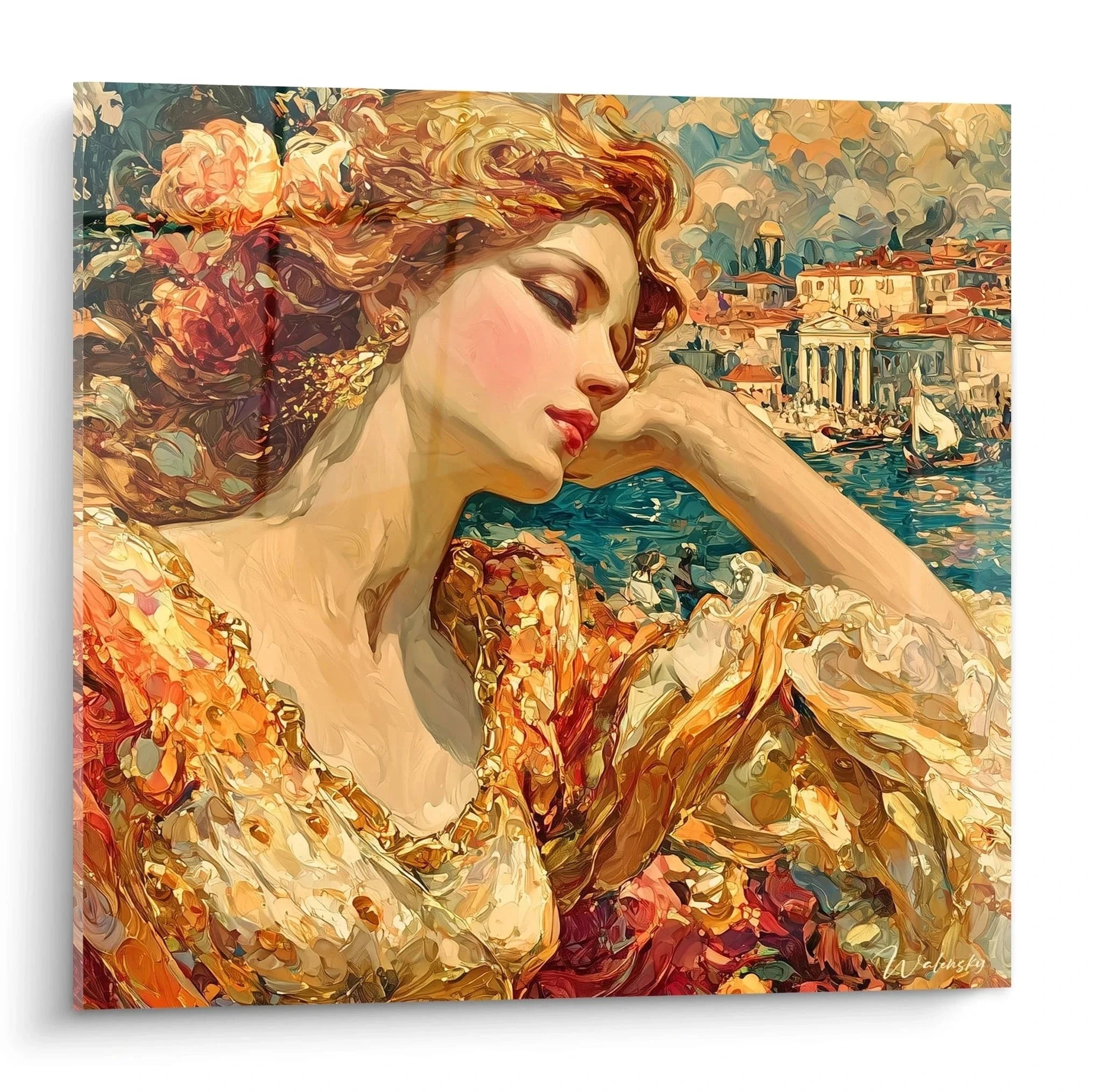 Wandbild Renaissancefrau mit Blumen vor venezianischer Kulisse, Italienische Renaissance Kunstdruck