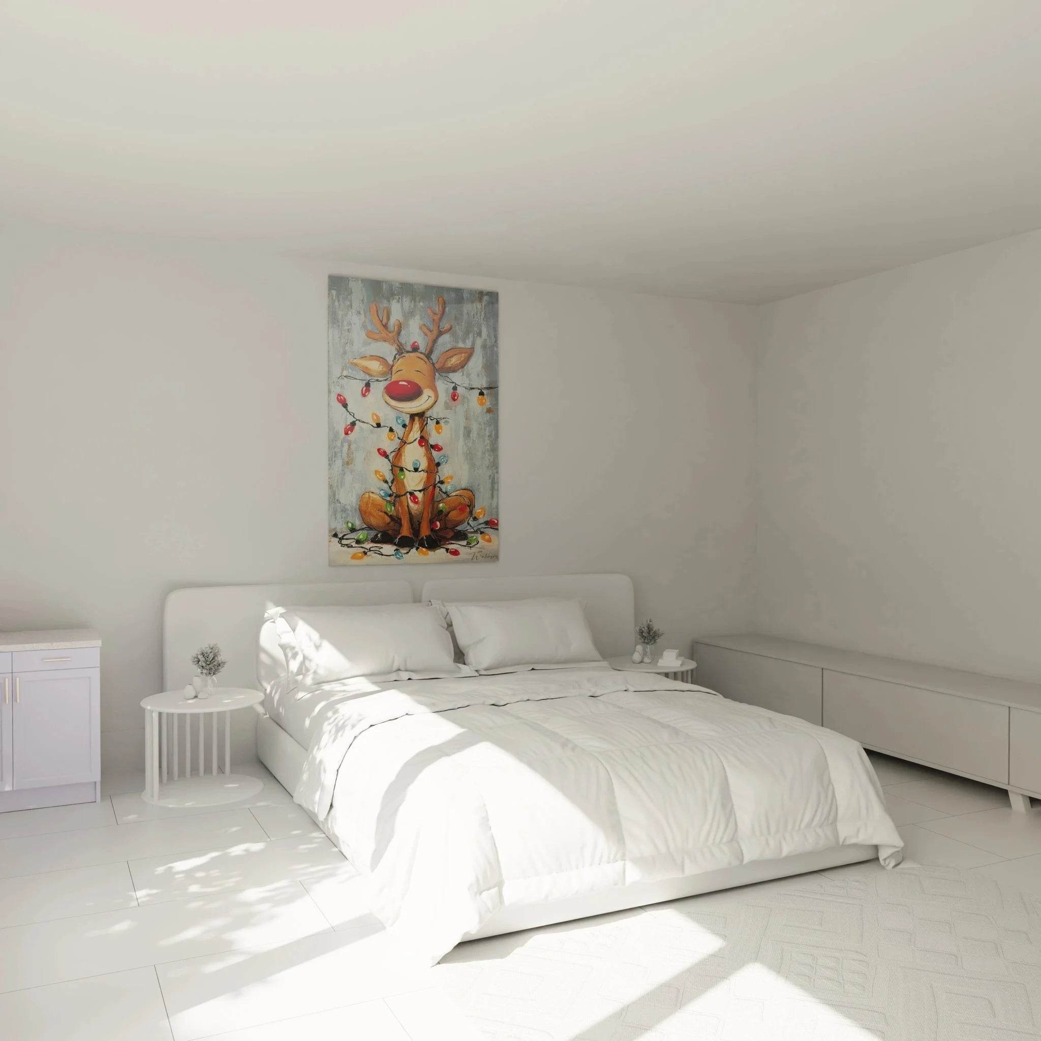 Weihnachtliches Wandbild Rentier in gemütlicher Schlafzimmer Atmosphäre - Weihnachtsdeko
