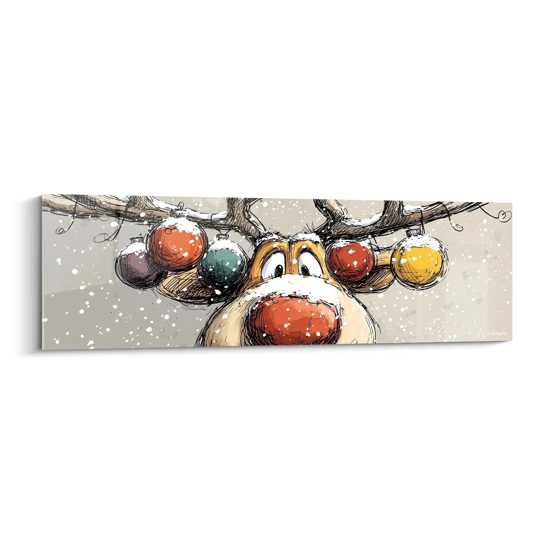 Wandbild Rentier mit bunten Weihnachtskugeln im Geweih, festliche Weihnachtsdekoration mit Schneeflocken