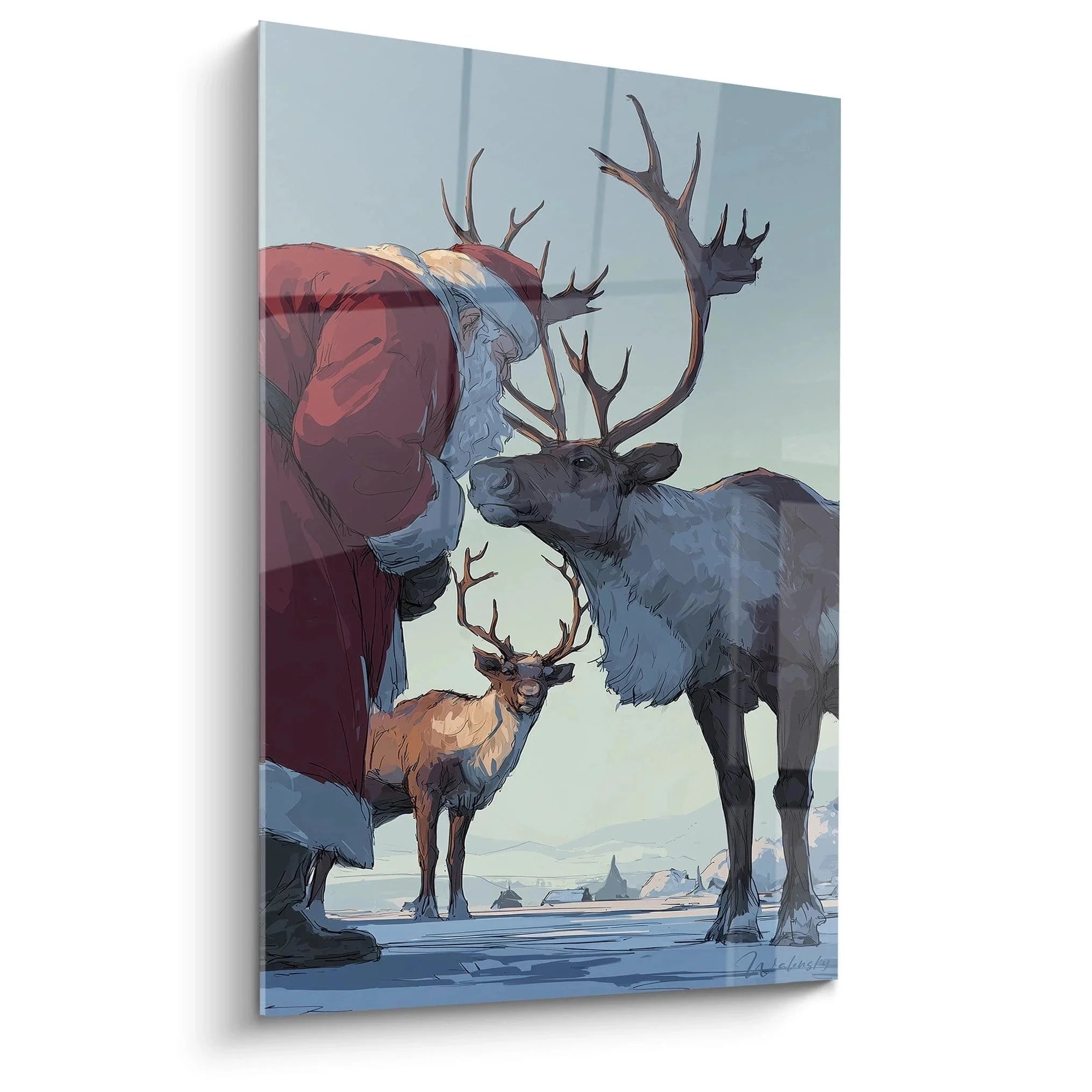 Wandbild Rentier mit Weihnachtsmann in rotem Mantel und Rentieren in verschneiter Winterlandschaft