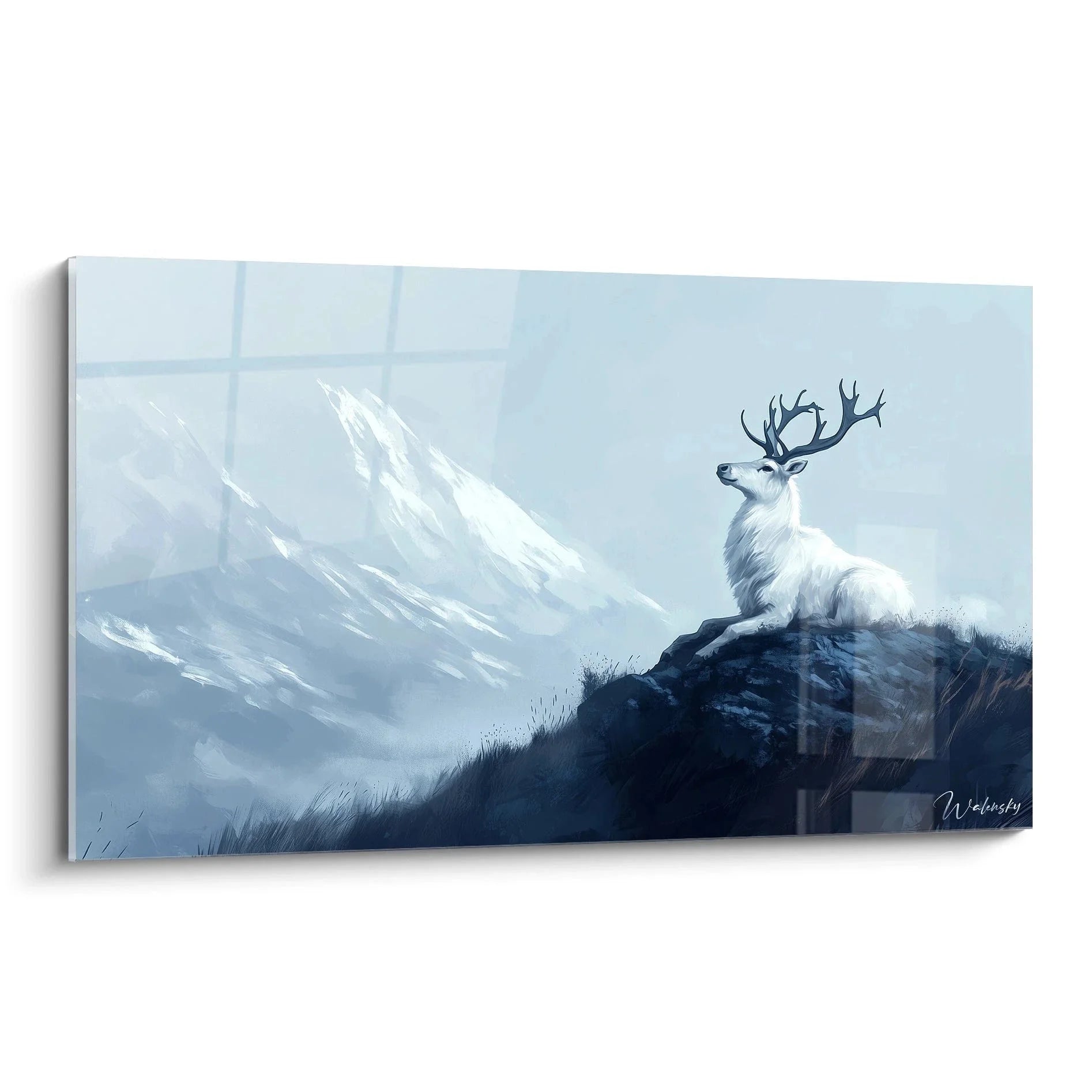 Wandbild Rentier mit Geweih in verschneiter Berglandschaft, majestätische Winterszene