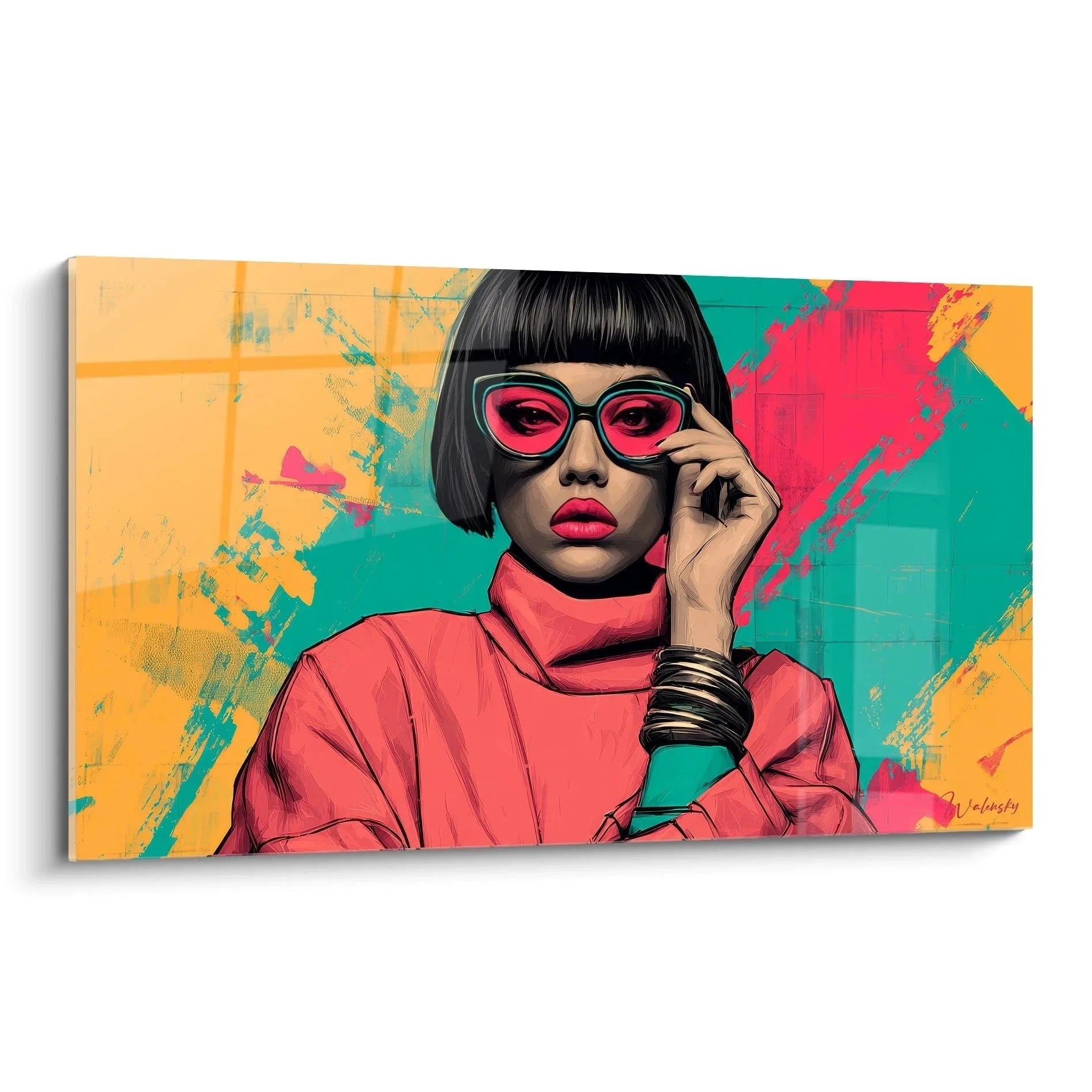 Wandbild Retro Fashion Girl mit roter Sonnenbrille im Pop Art Stil, Vintage Mode Dekoration