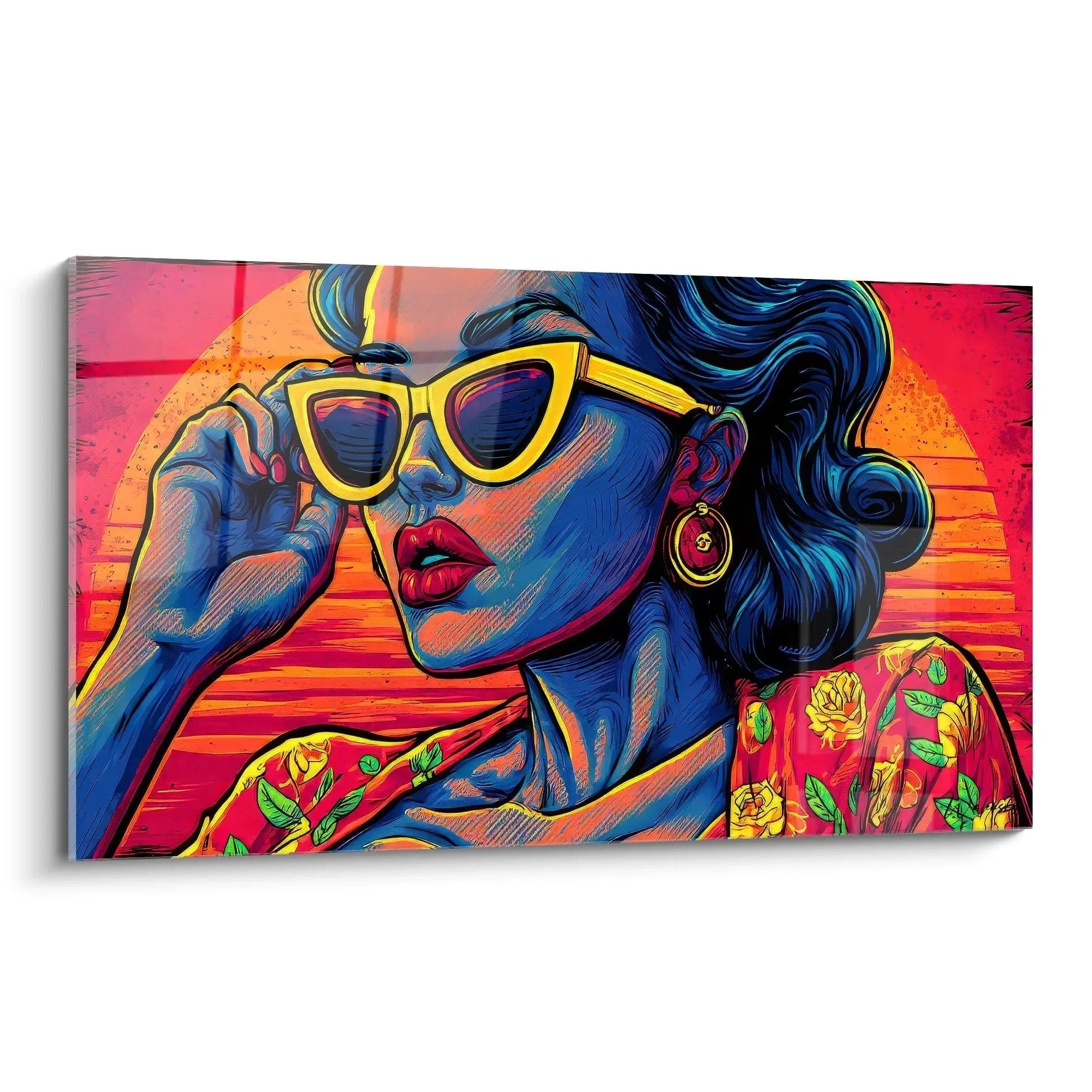Wandbild Retro Frau mit Sonnenbrille Pop Art Stil Vintage Mode bunte Farben rosa blau orange