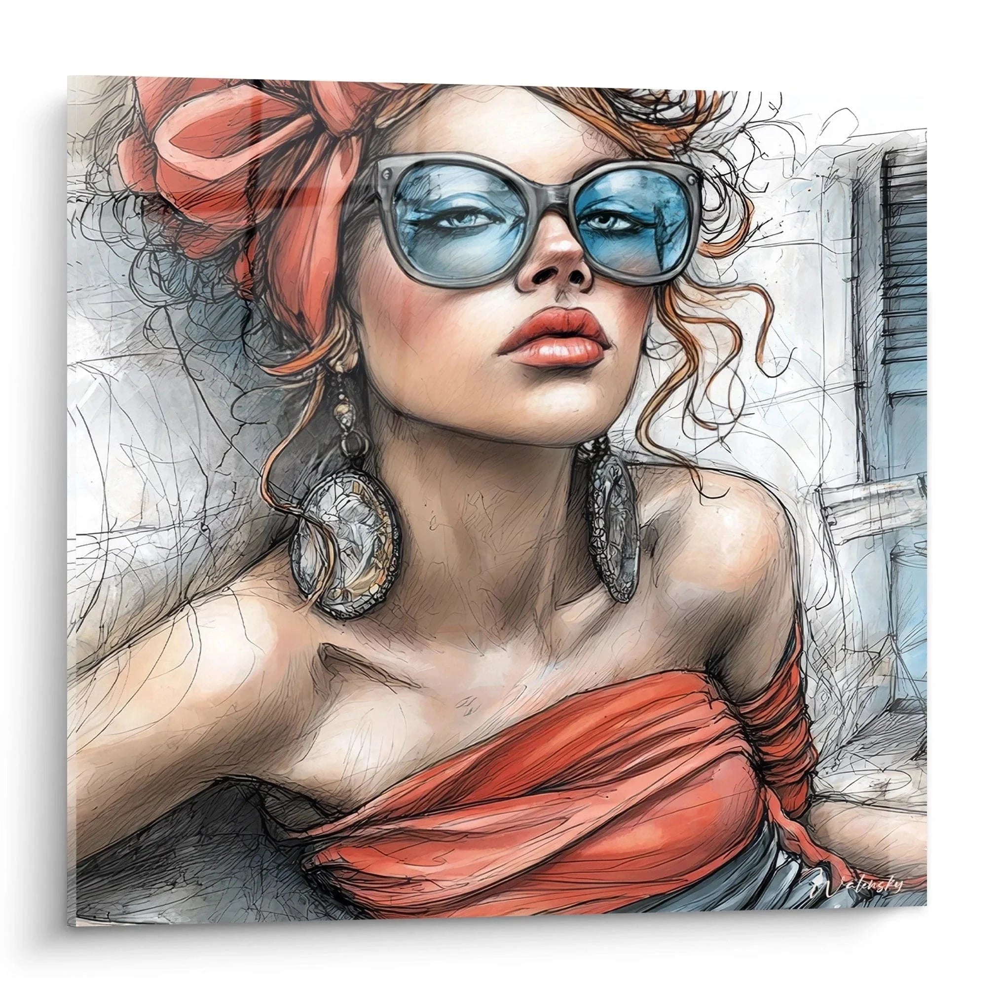 Wandbild einer eleganten Frau mit blauer Sonnenbrille im Retro-Stil, Modeillustration mit Korallblüte