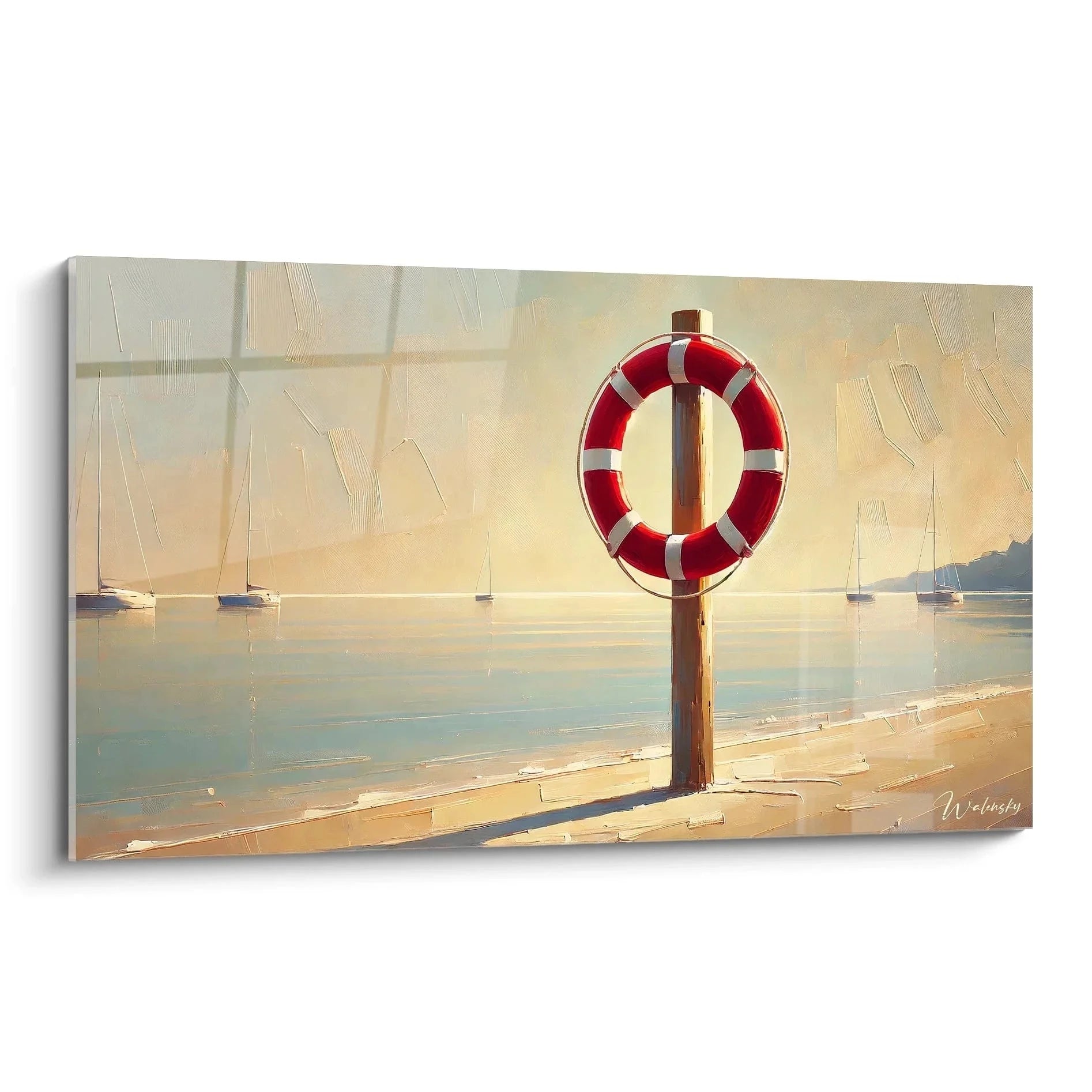 Wandbild Rettungsring maritime Hafenszene mit Segelbooten bei Sonnenuntergang - Edition Ozean