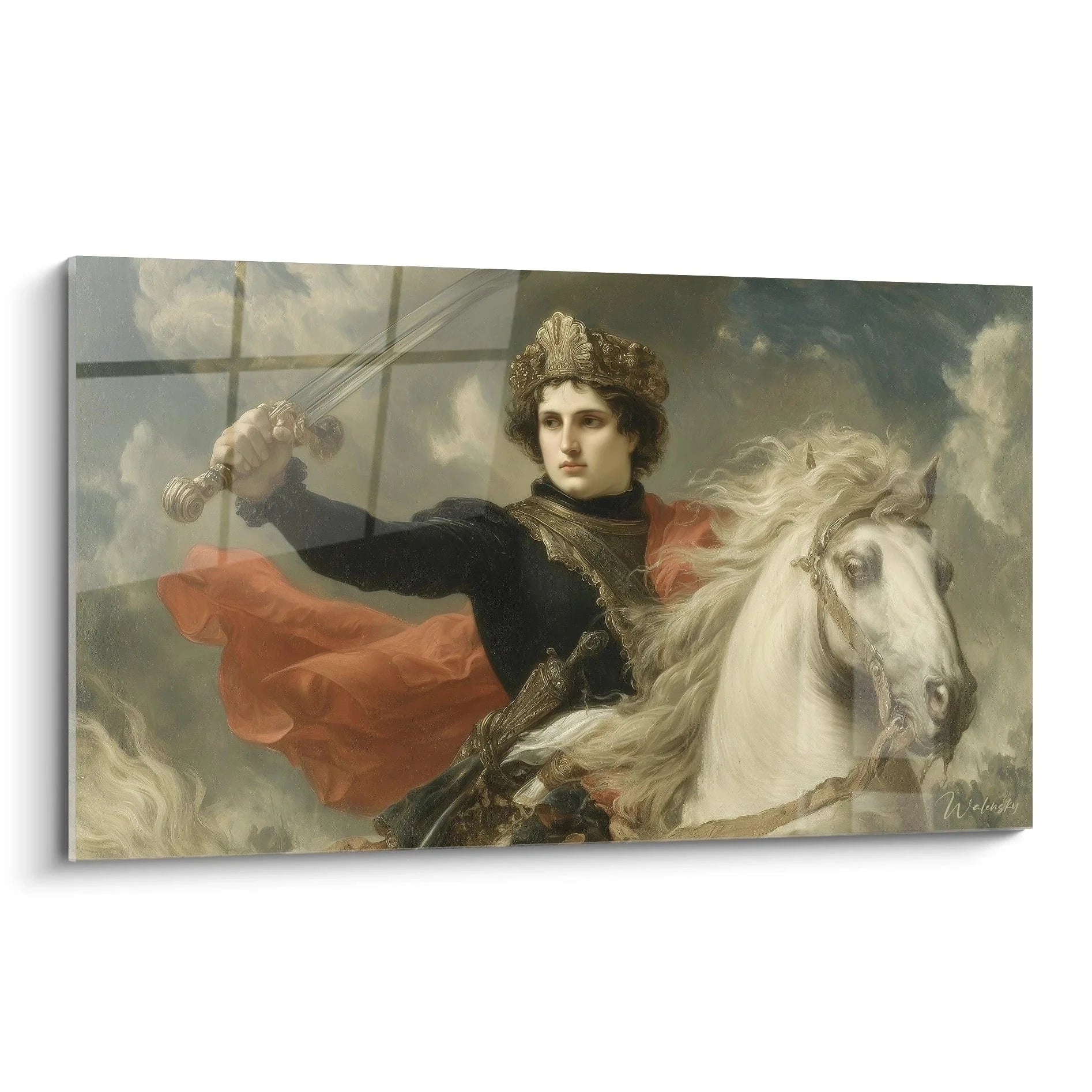 Wandbild Ritter zu Pferd Neoklassizismus - heroischer Krieger mit Schwert auf weißem Ross in dramatischen Wolken