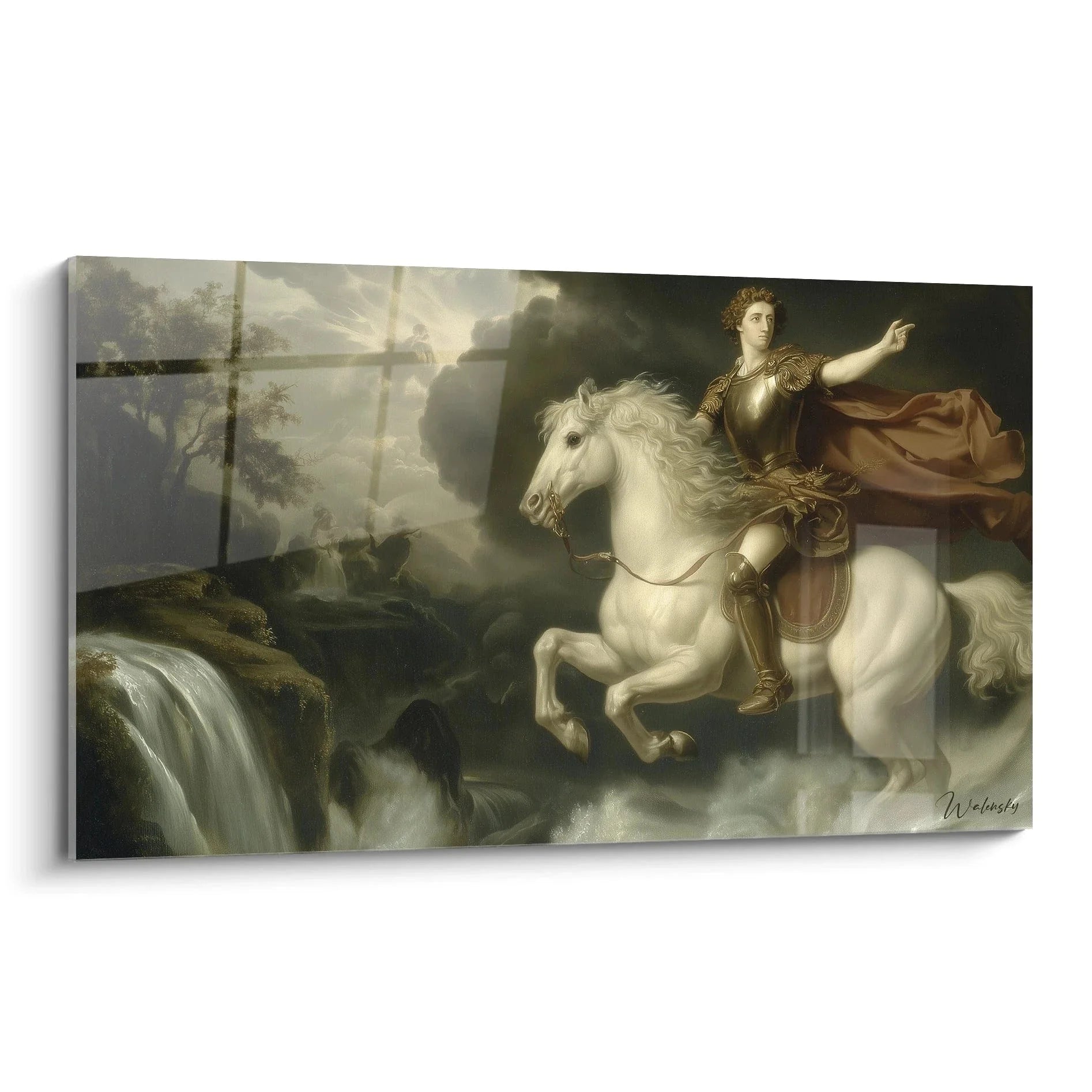 Wandbild Ritter auf weißem Pferd im neoklassischen Stil - Heroische Kriegsszene mit goldenem Feldherr