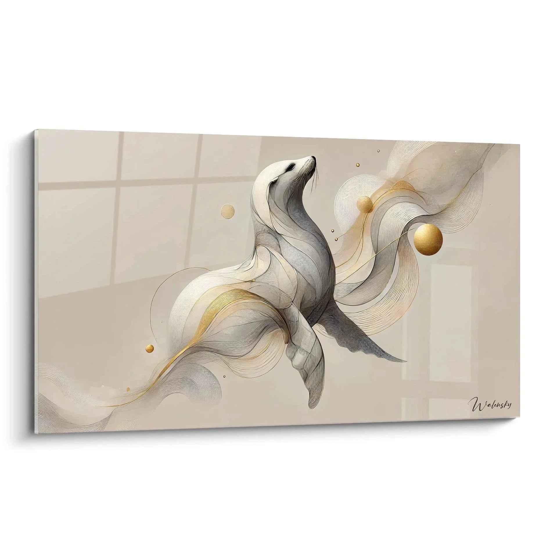 Wandbild Robbe abstrakt - Elegante Seehund Darstellung in Beige und Gold auf Leinwand