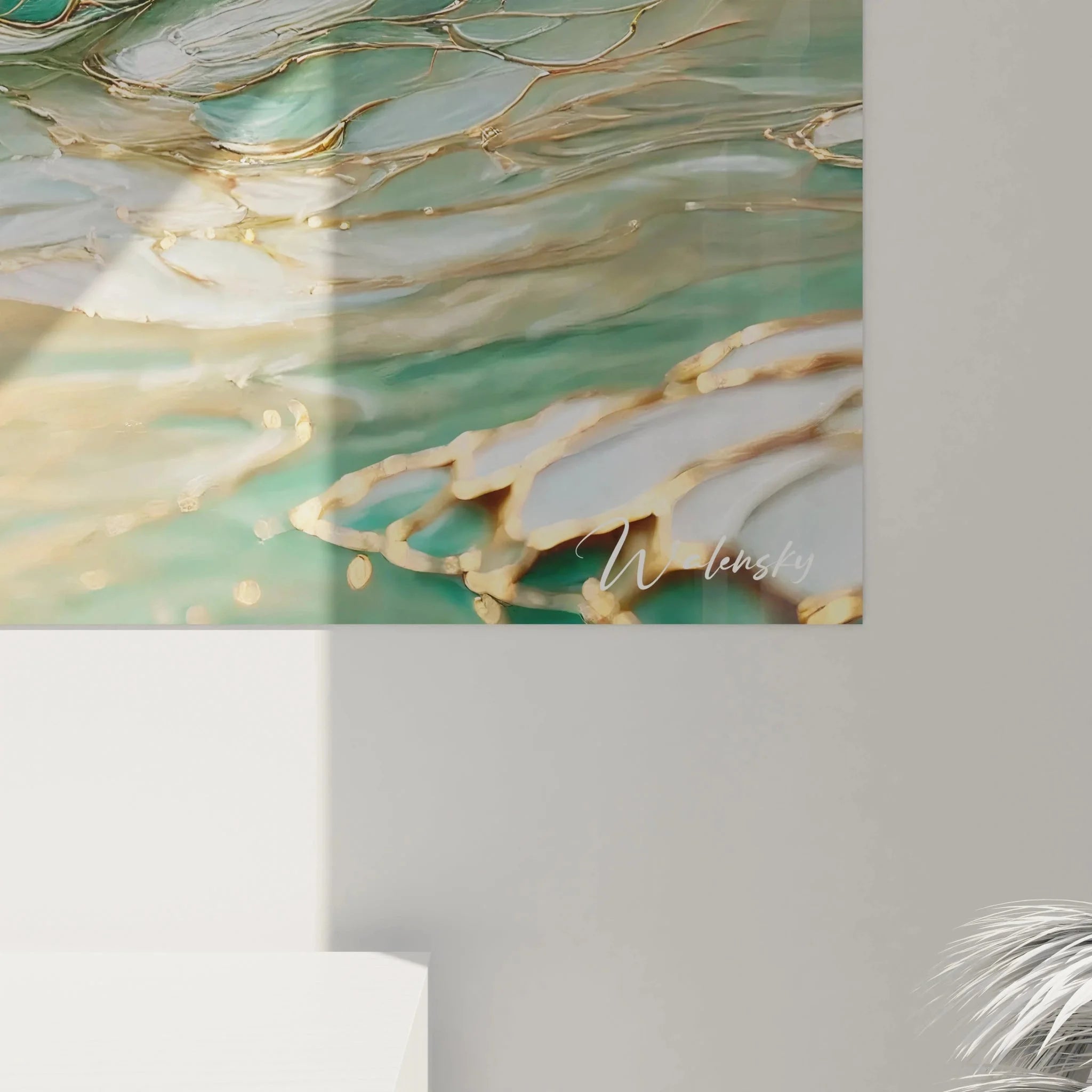 Gesamtansicht maritimes Wandbild mit Seehund in Wasserblasen und Lichtreflexen