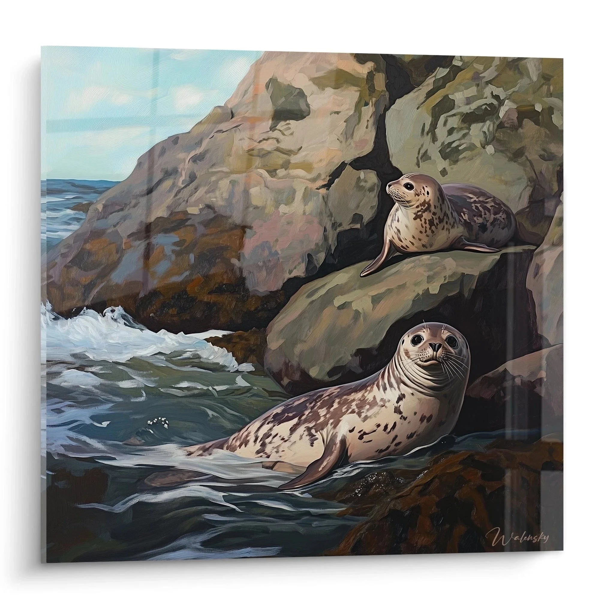 Wandbild Robben auf Küstenfelsen - Maritime Naturszene mit zwei ruhenden Robben am Meer