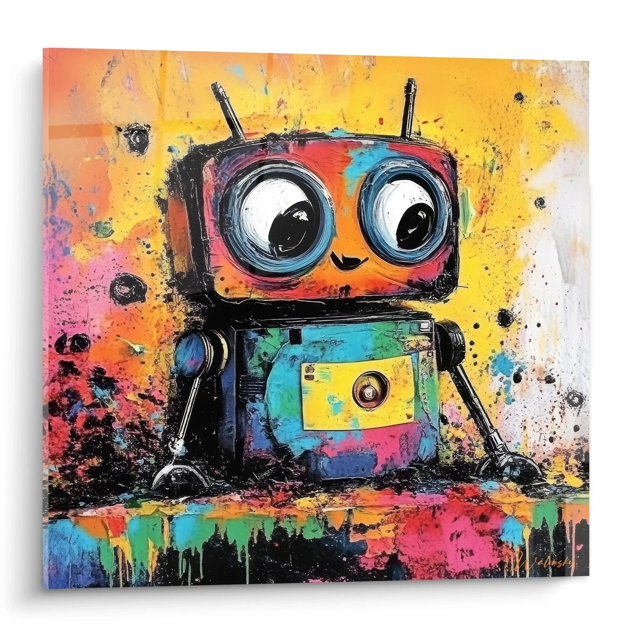 Buntes Wandbild Roboter im Retro-Stil mit leuchtenden Farben und freundlichem Gesicht