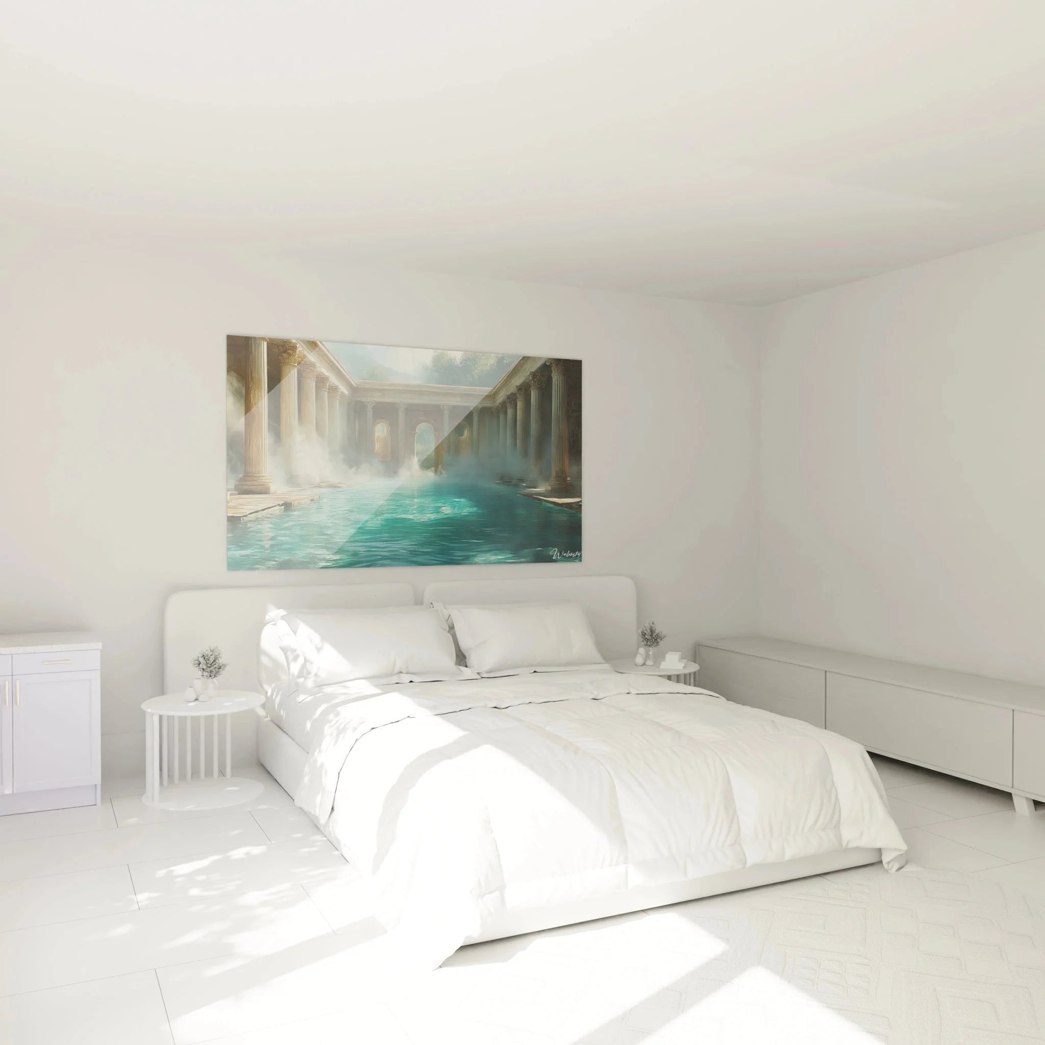 Elegantes Schlafzimmer mit Wandbild römische Therme als beruhigendes Wandbild über dem Bett