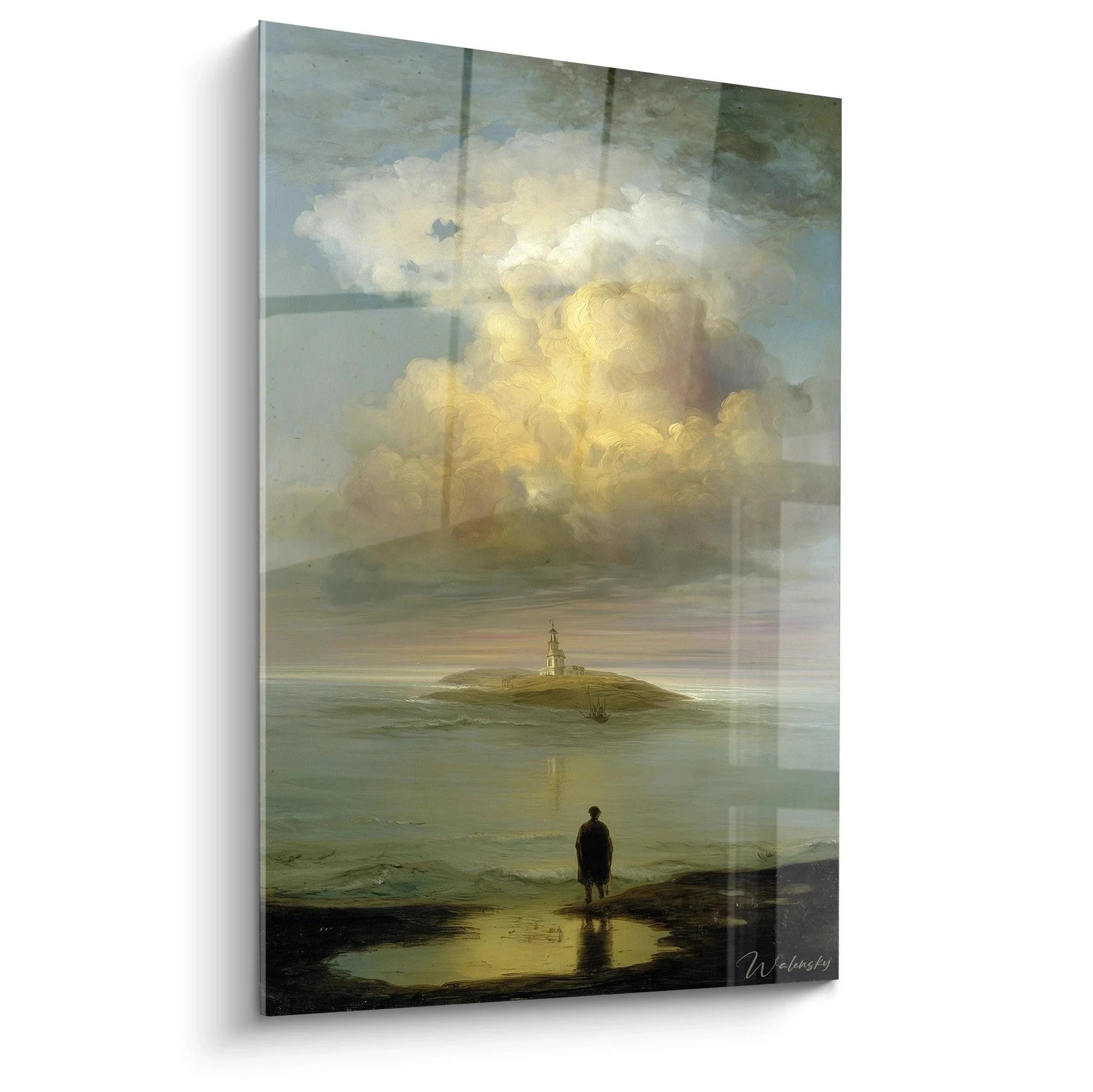 Wandbild Romantik einsame Gestalt am Meer mit Leuchtturm und dramatischen Wolken - Edition Romantik