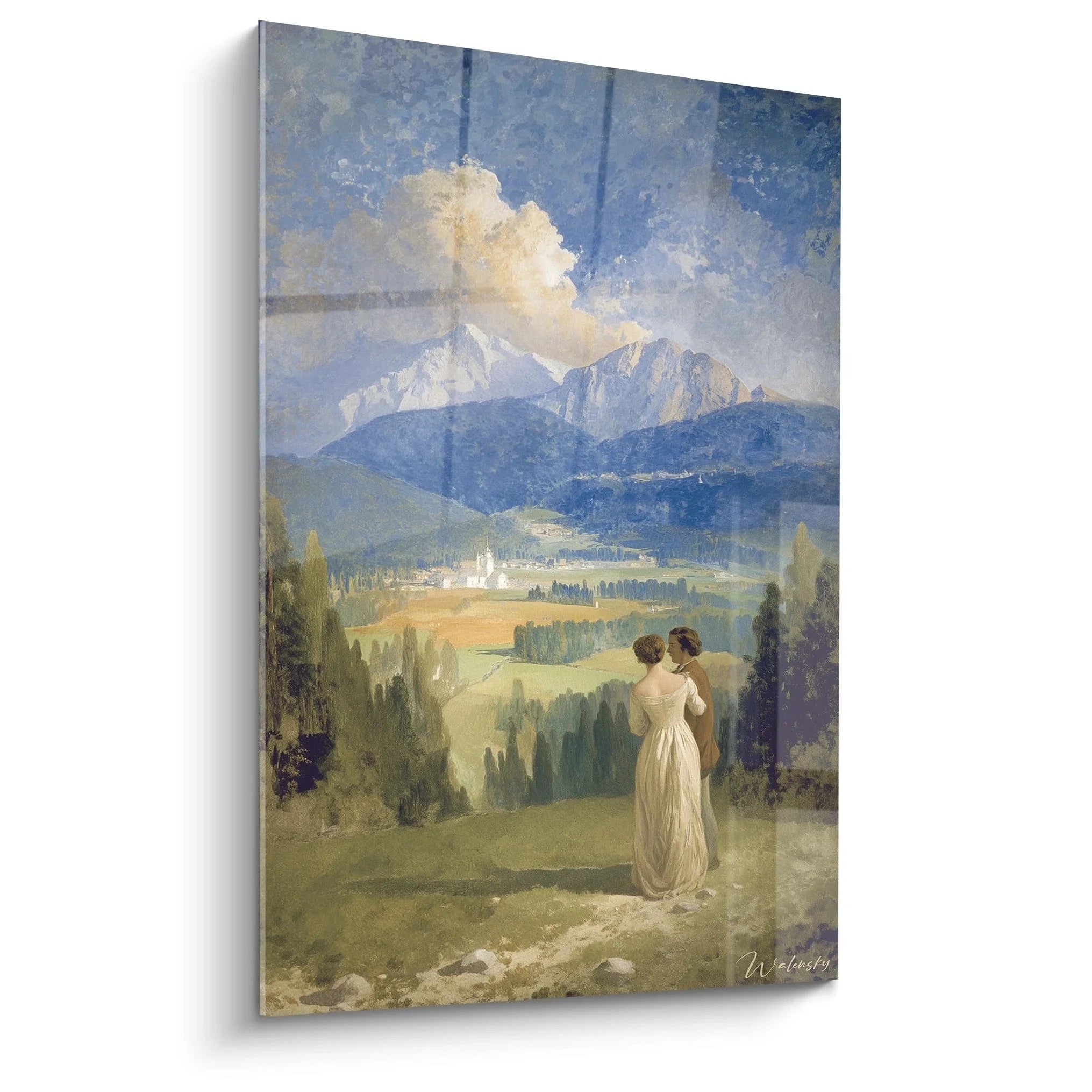 Wandbild Romantik Landschaft Dame mit Fernglas vor Bergpanorama Edition Romantik