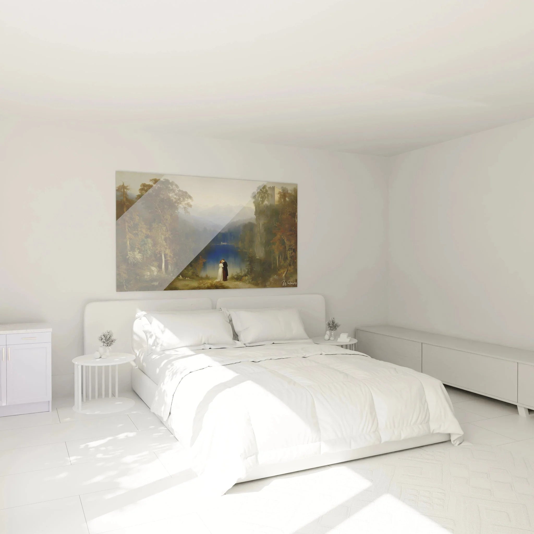 Wandbild romantische Landschaft als stilvolle Schlafzimmer Dekoration mit Bergsee und Liebespaar