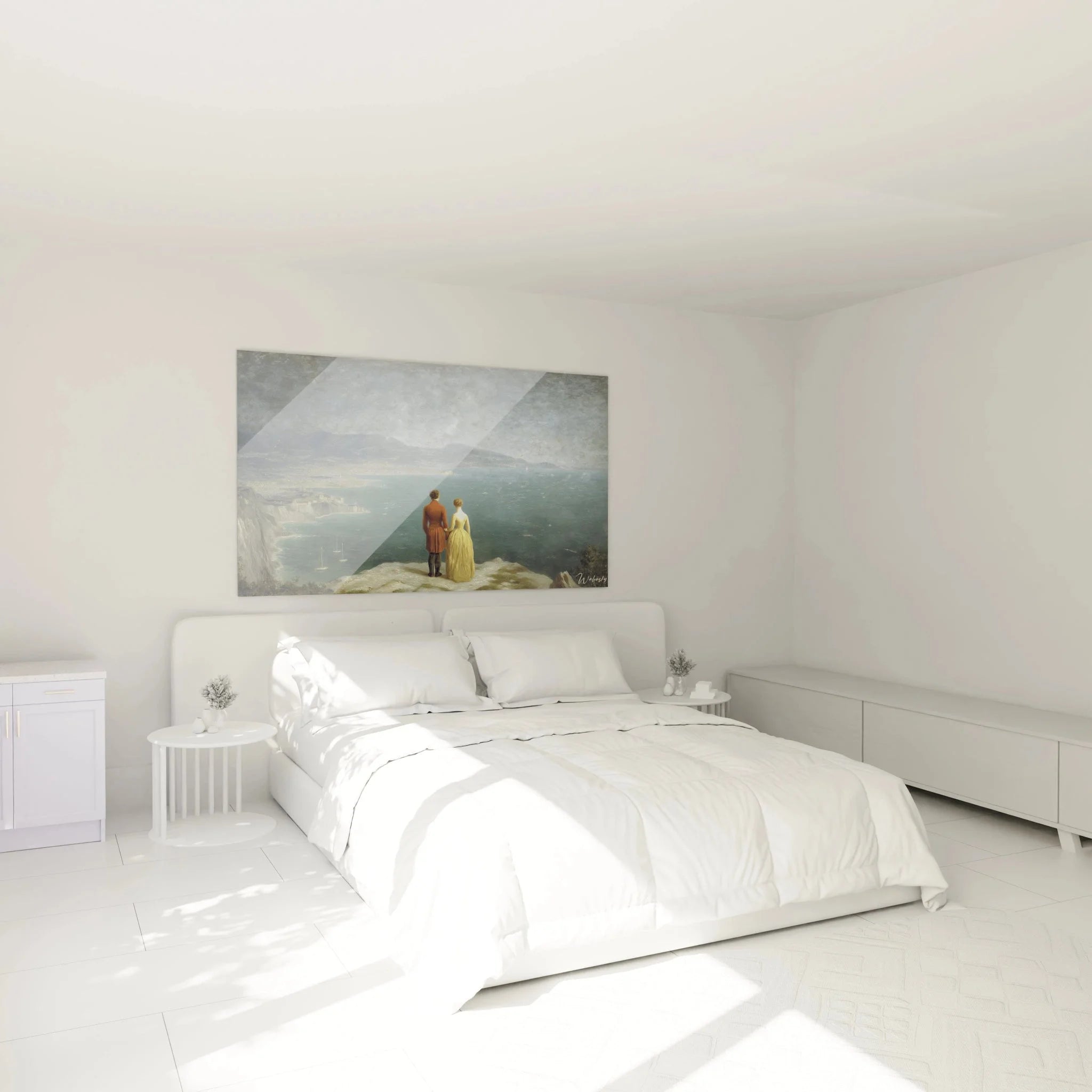 Wandbild Paar am Meer als romantische Dekoration im Schlafzimmer mit warmem Ambiente