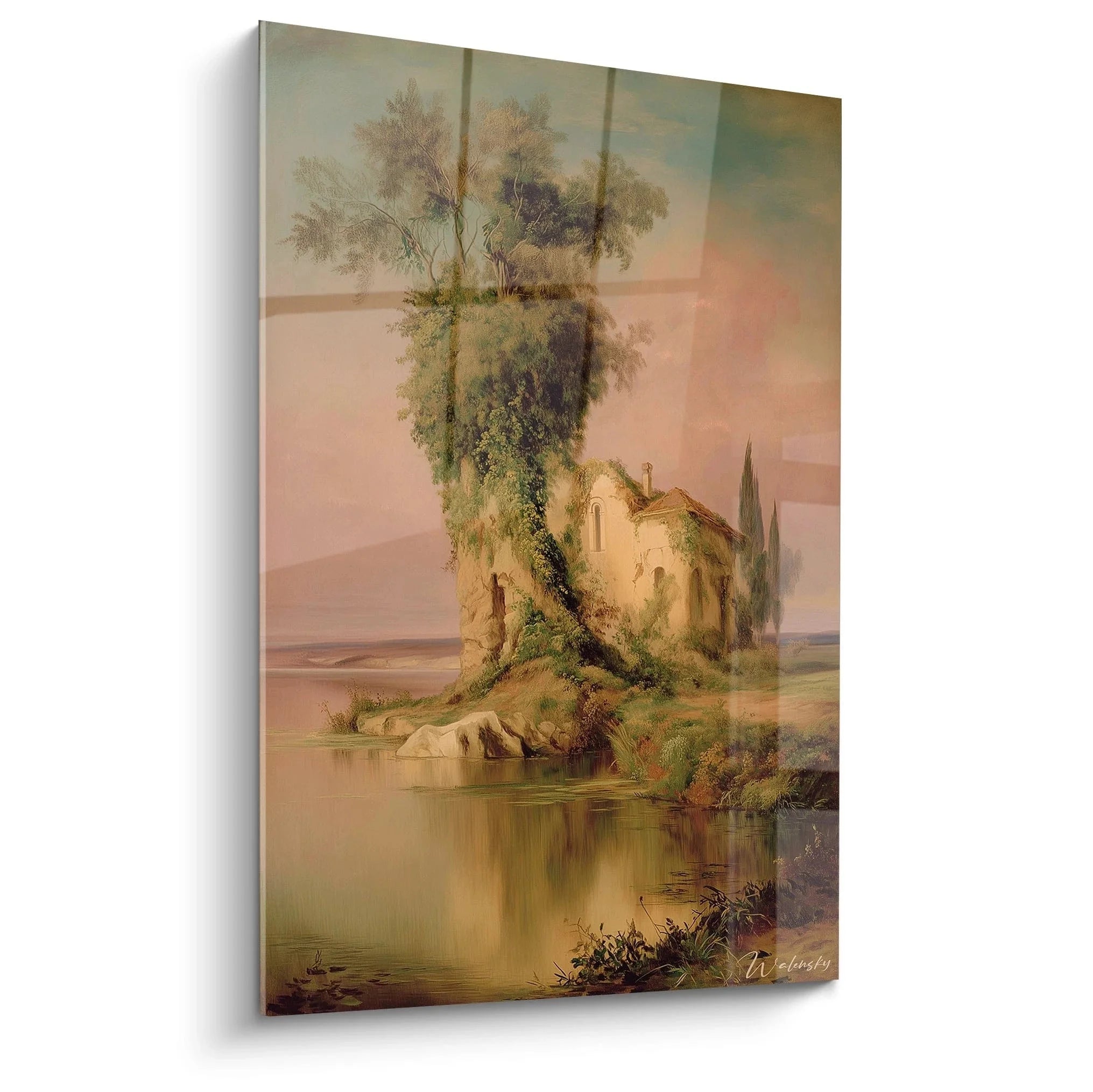 Romantisches Wandbild mit Kapelle am See und Baum in warmen Farbtönen - Edition Romantik