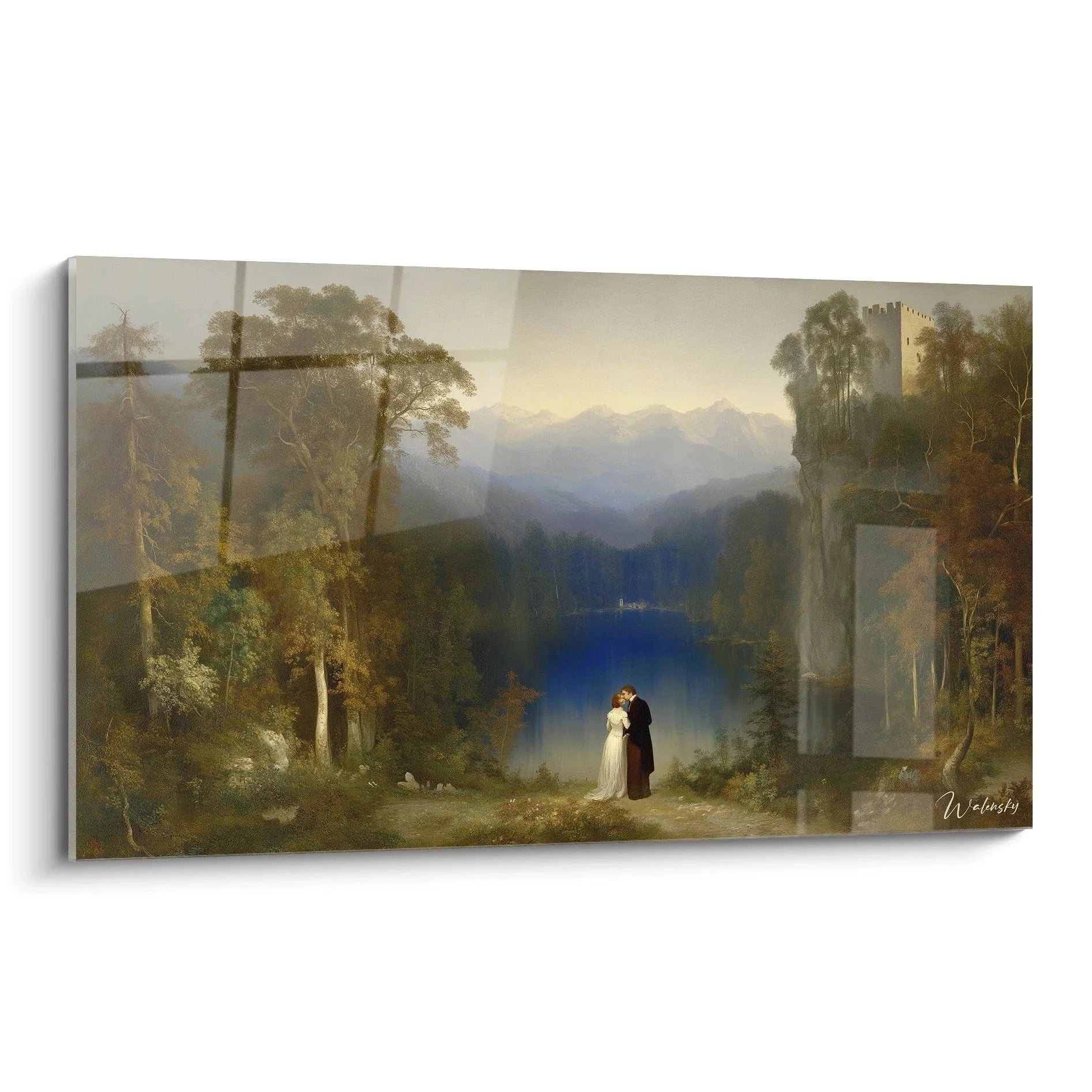Romantisches Wandbild mit Liebespaar am Bergsee vor dramatischer Bergkulisse und mittelalterlichen Ruinen