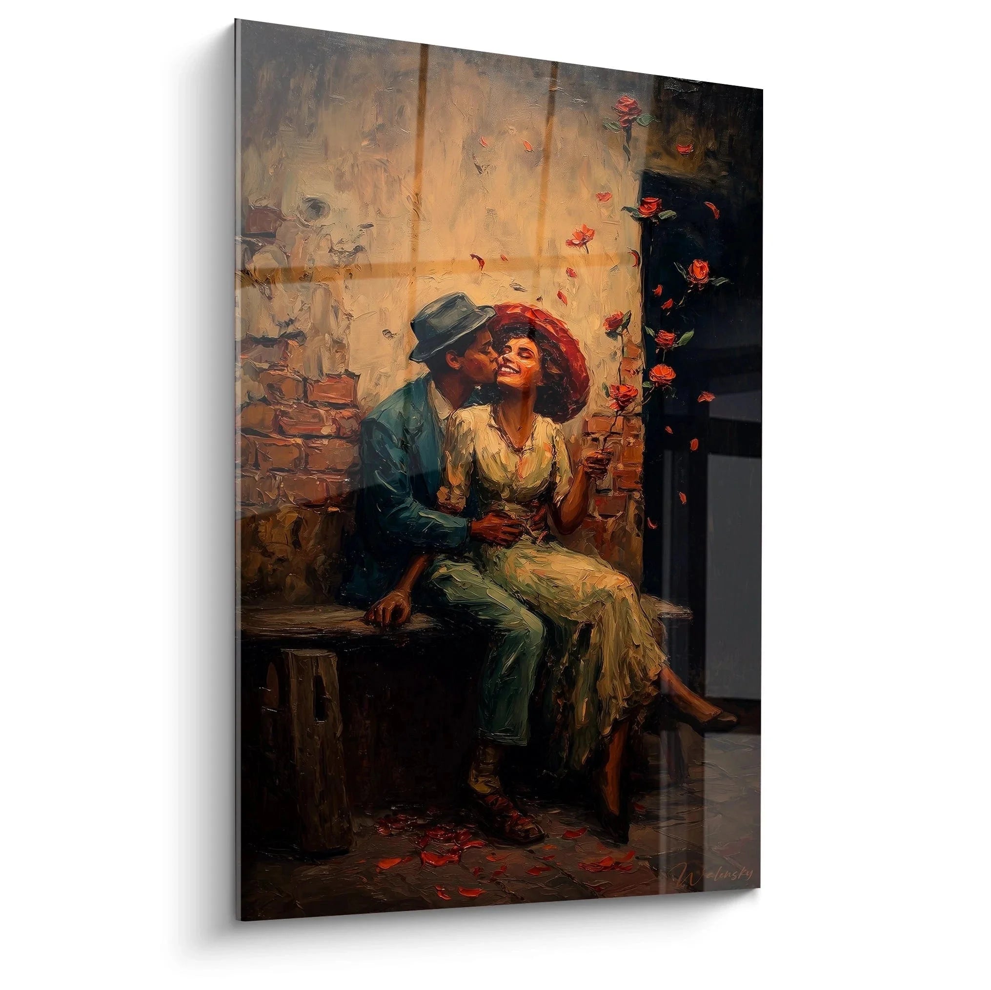 Romantisches Wandbild mit verliebtem Paar auf Bank zwischen fallenden Rosenblättern - Valentinstag Edition