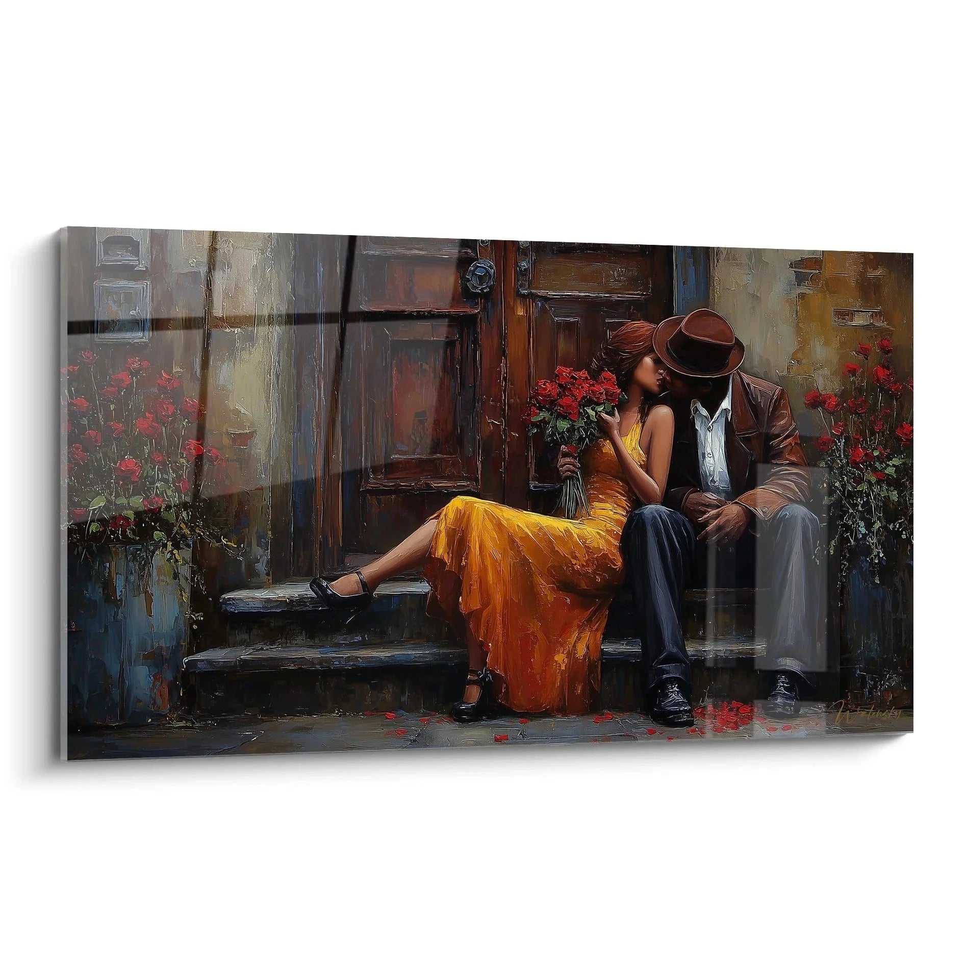 Wandbild romantisches Paar küsst sich auf Treppe mit roten Rosen - Valentinstag Dekoration