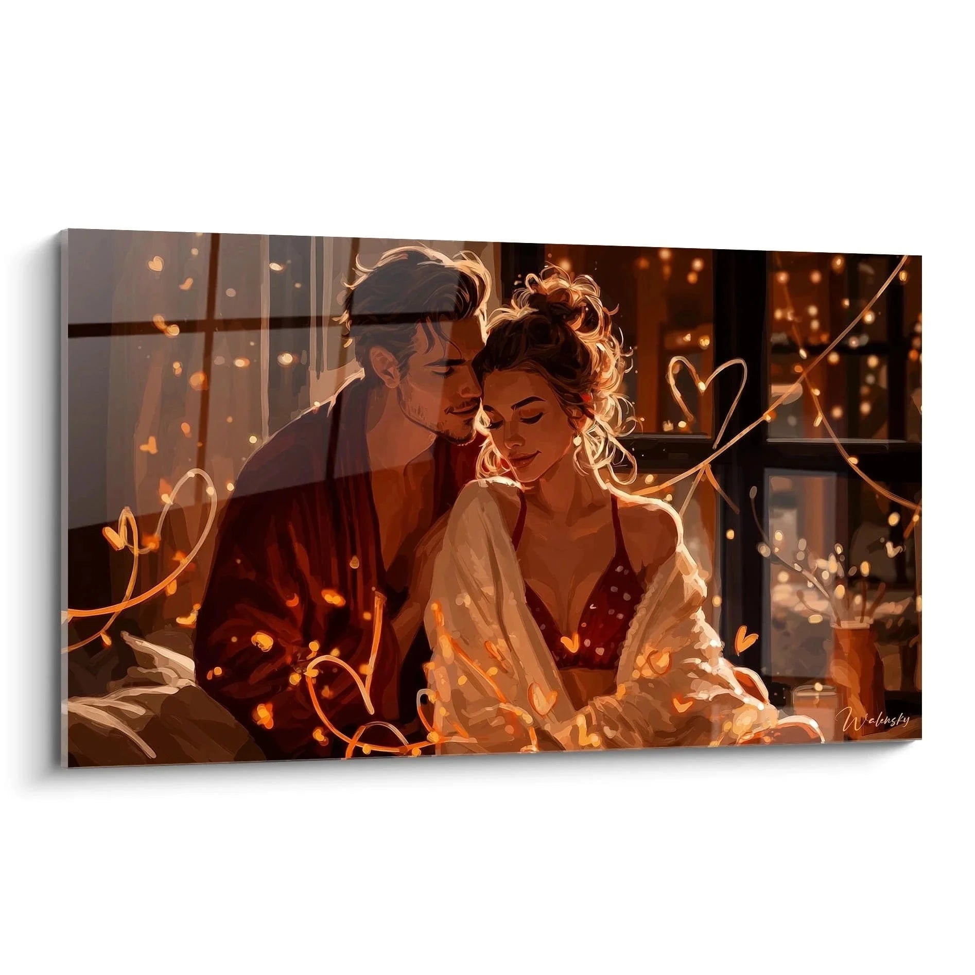 Romantisches Wandbild Paar in liebevoller Umarmung mit goldenen Lichteffekten, Valentinstag Dekoration