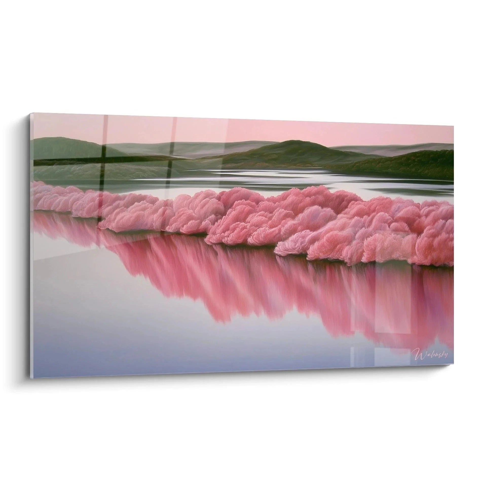 Wandbild Rosa Kirschblüten mit perfekter Spiegelung im Wasser - Hyperrealismus Landschaftskunst