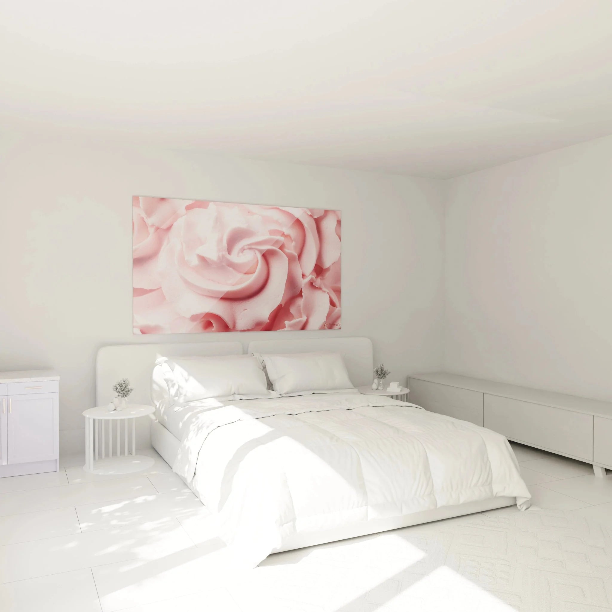 Rosa Sahne Wandbild XXL in elegantem Schlafzimmer Ambiente mit pastellfarbener Dekoration