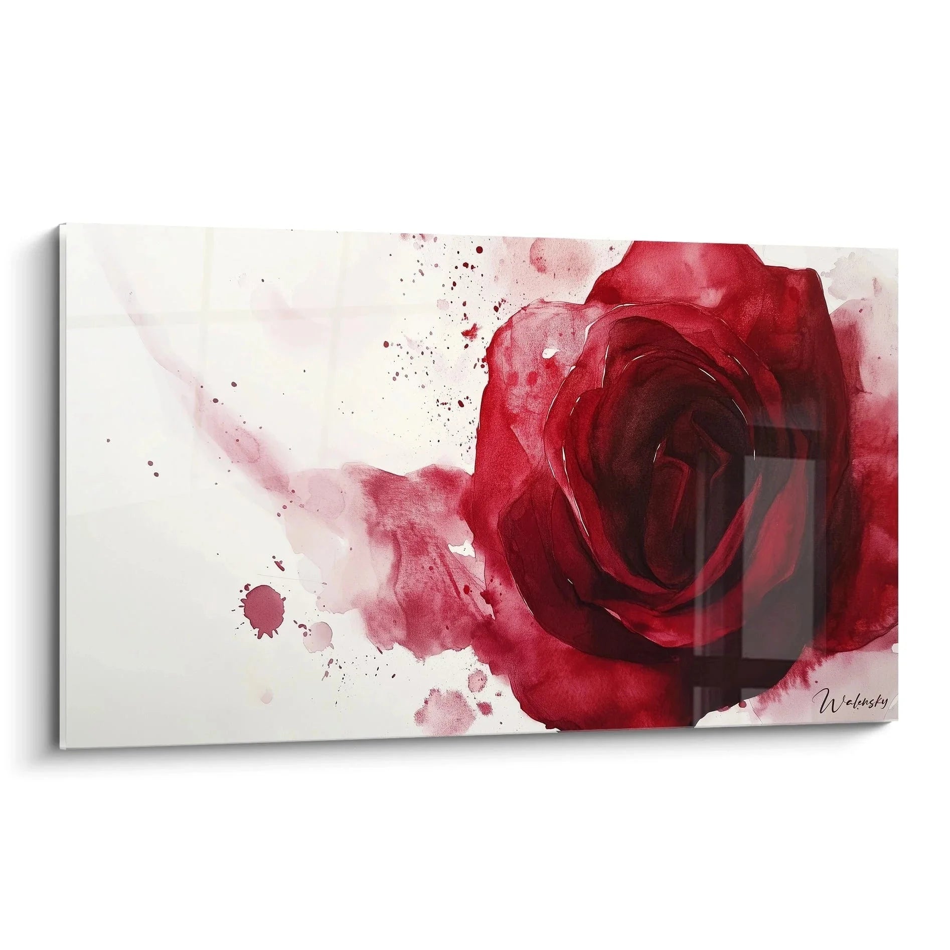 Wandbild Rose Aquarell in leuchtenden Rottönen mit abstrakten Farbspritzern auf cremefarbenem Hintergrund