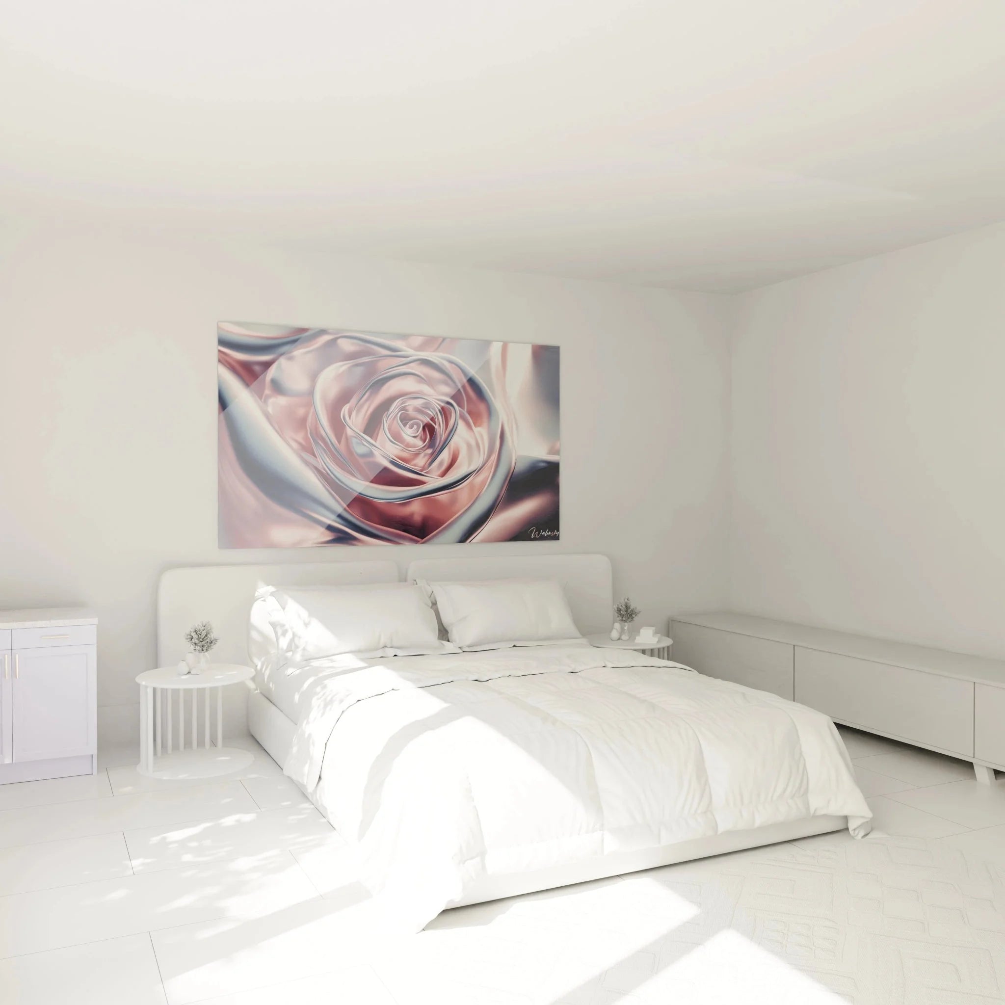 Wandbild Rose metallisch im Schlafzimmer - luxuriöse Wanddekoration mit kupfernen Tönen