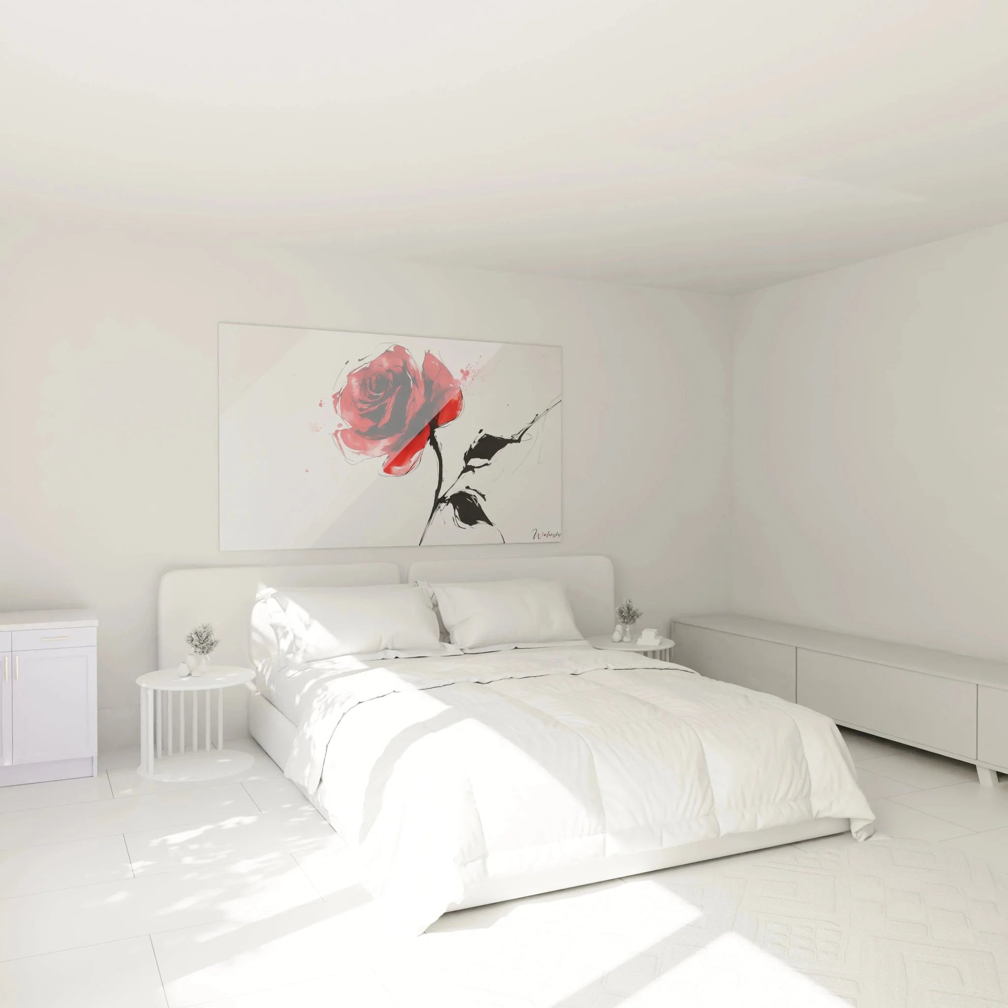 Wandbild Rose abstrakt als moderne Schlafzimmer Dekoration über dem Bett platziert
