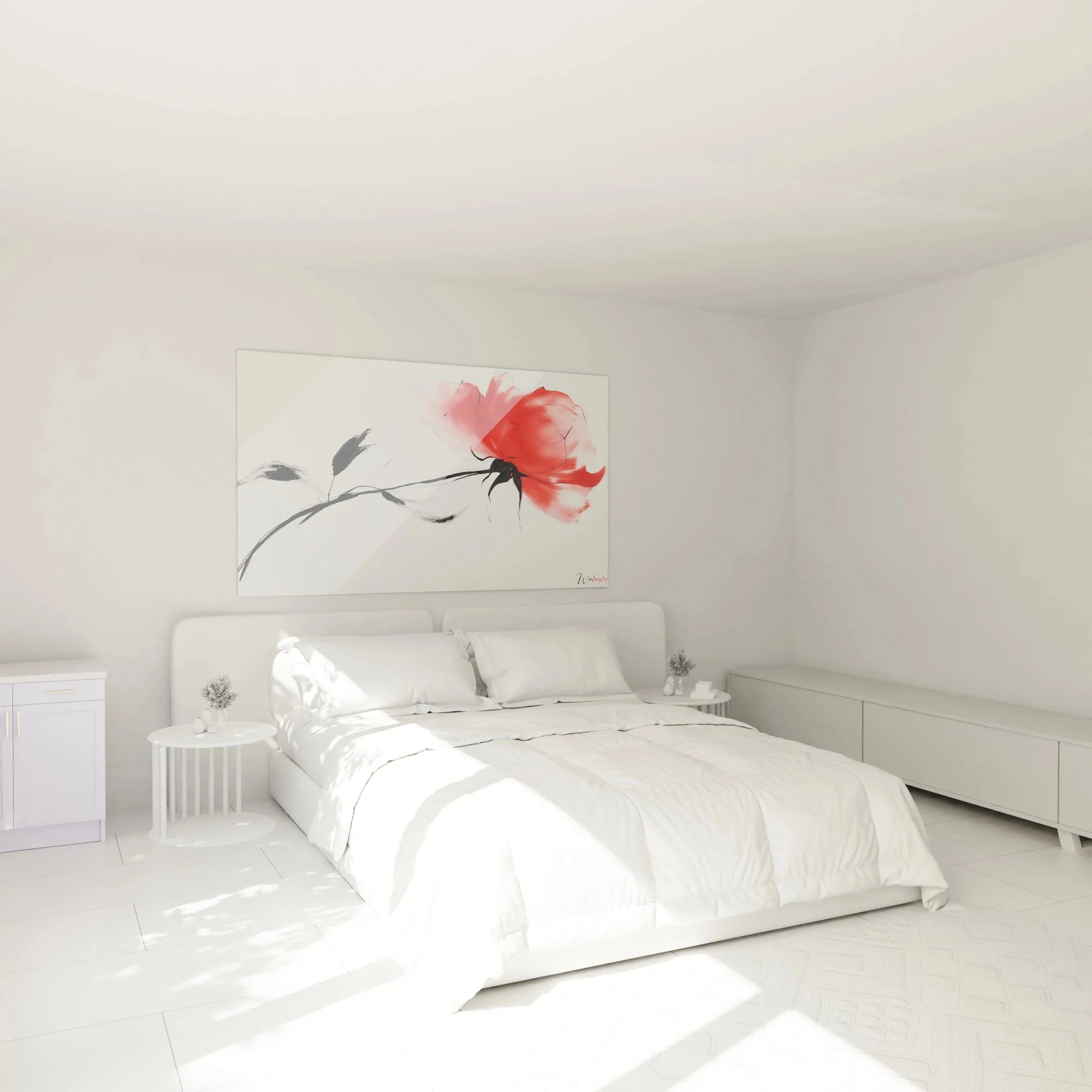 Wandbild Rose in modernem Schlafzimmer als stilvolle Wanddekoration über dem Bett