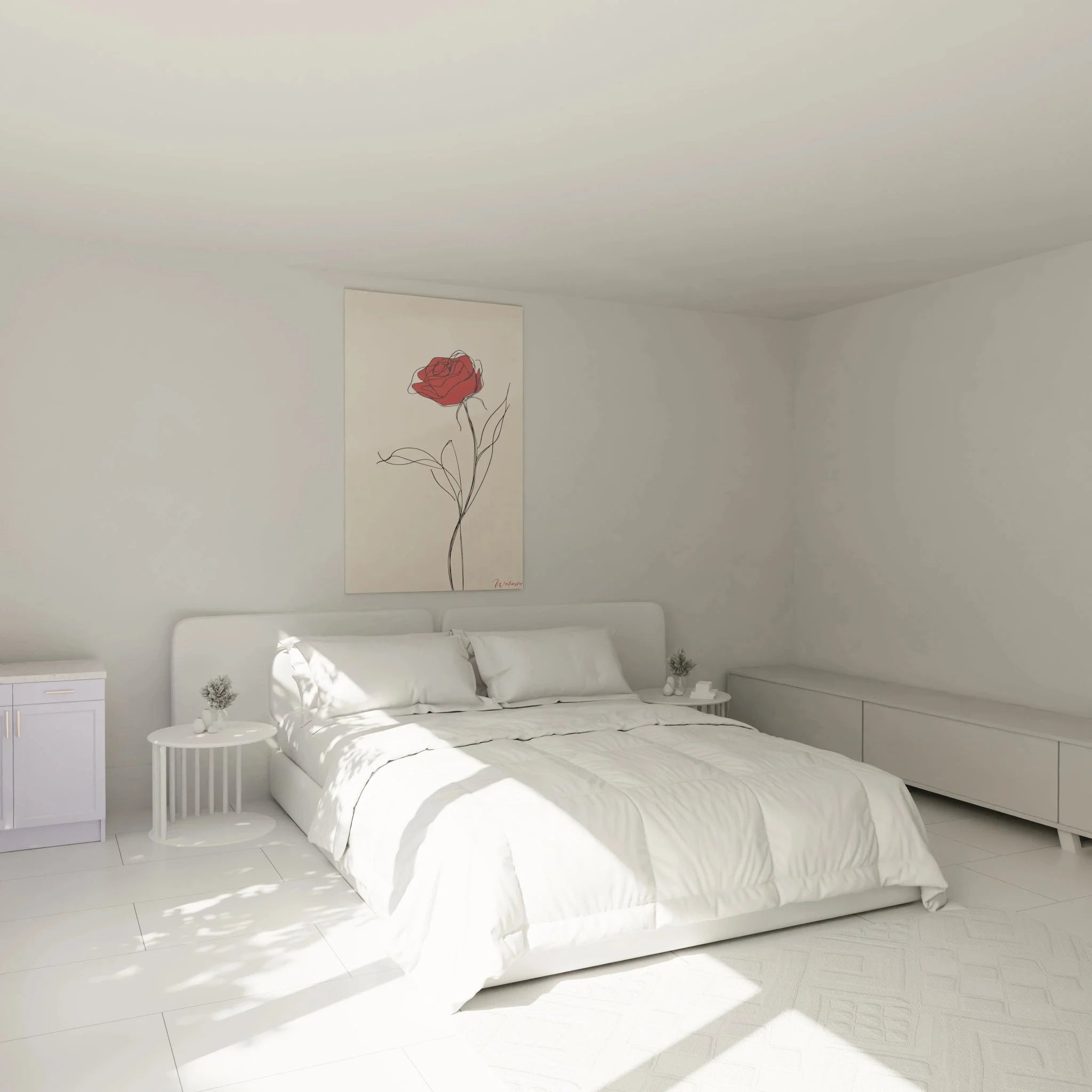 Wandbild Rose minimalistisch in modernem Schlafzimmer über dem Bett montiert