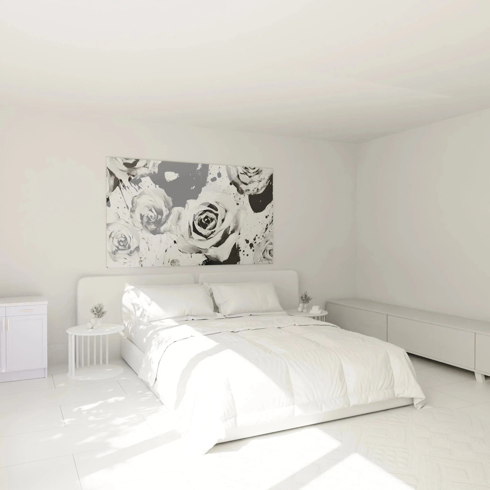 Elegantes Wandbild Rosen in Schwarz-Weiß als stilvolle Wanddekoration im Schlafzimmer mit Dalmatiner-Optik