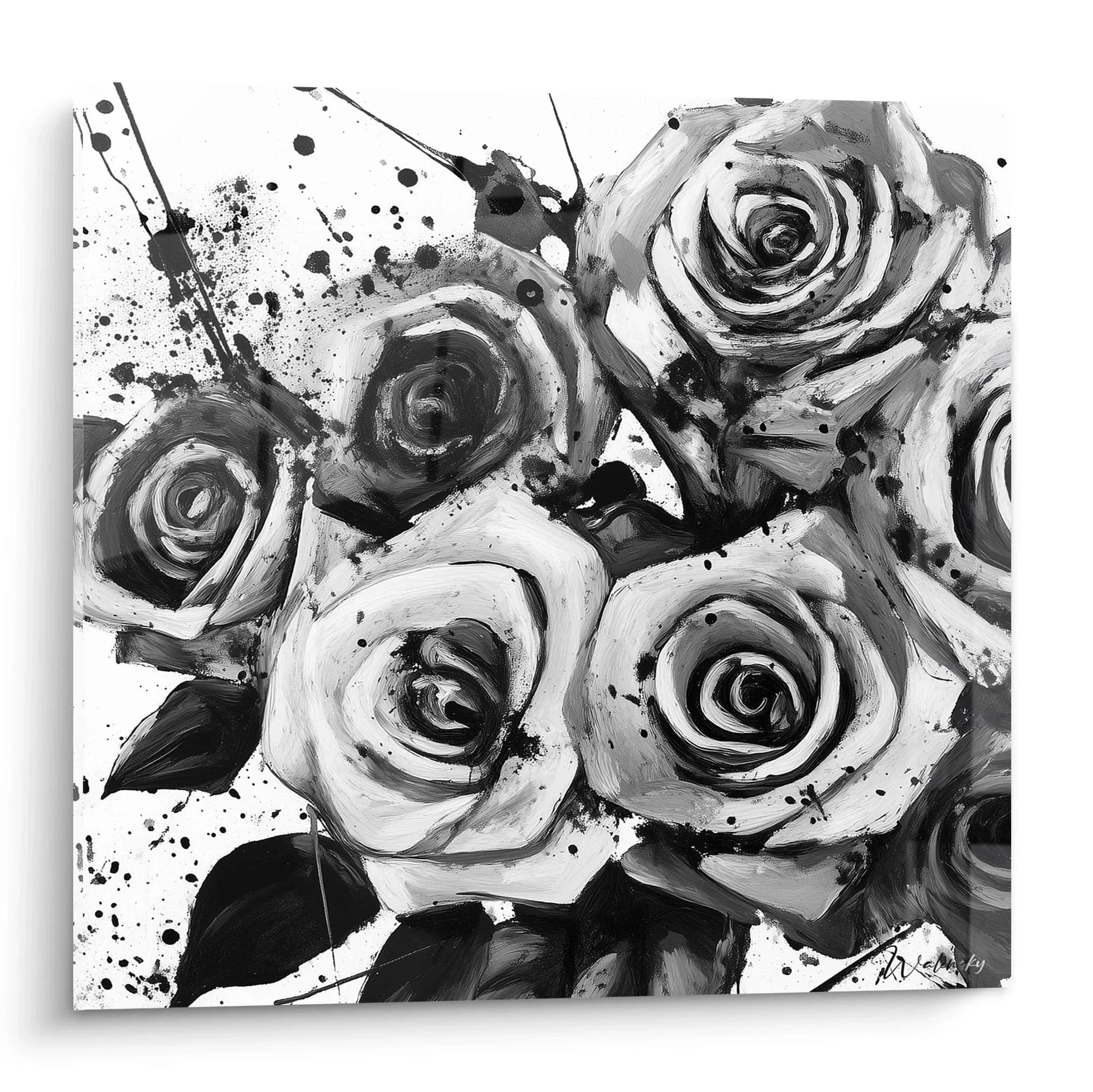 Wandbild Rosen schwarz-weiß mit Spritzeffekten und Dalmatiner Tupfenmuster moderne Wanddekoration