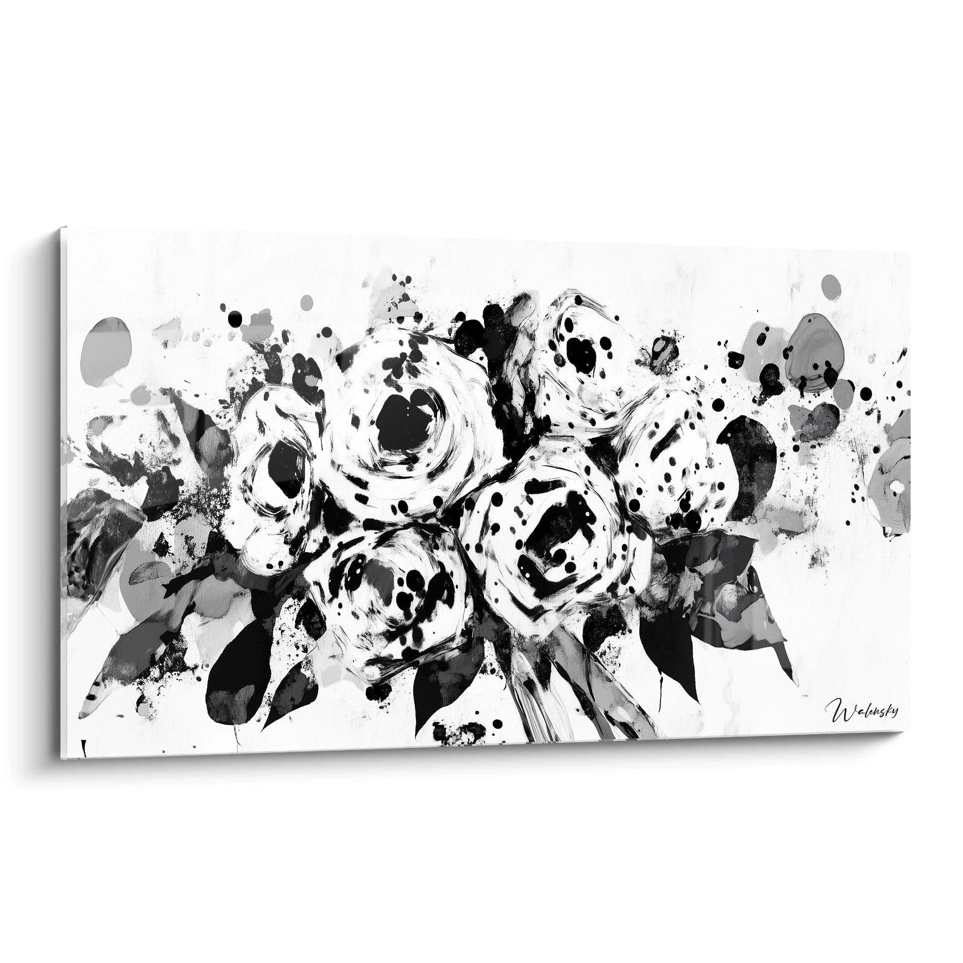 Wandbild Rosen schwarz-weiß mit Dalmatiner Tupfenoptik, moderne Blumenkunst für Wanddekoration
