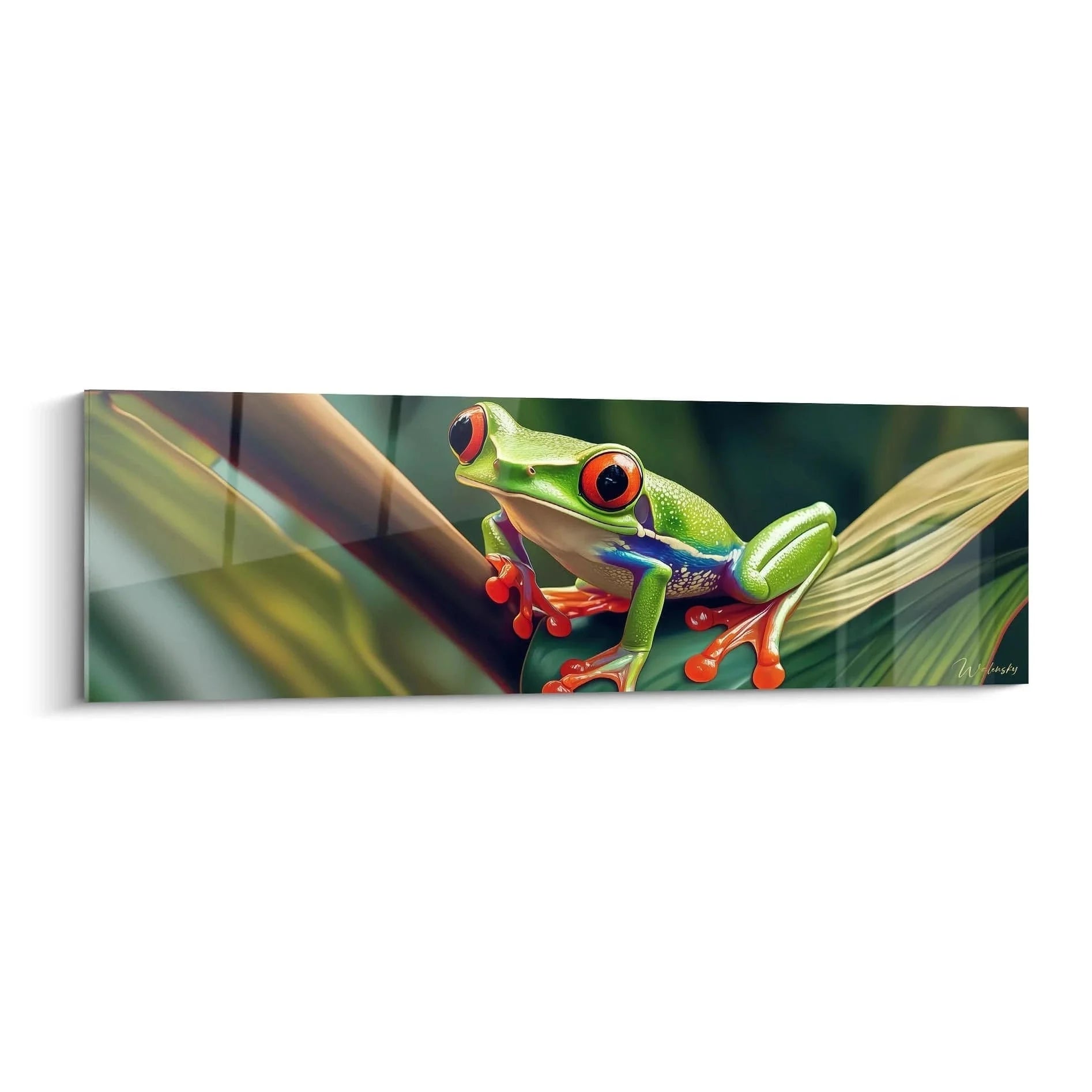Wandbild Rotaugenlaubfrosch mit roten Augen auf tropischem Blatt - Edition Frosch Leinwanddruck