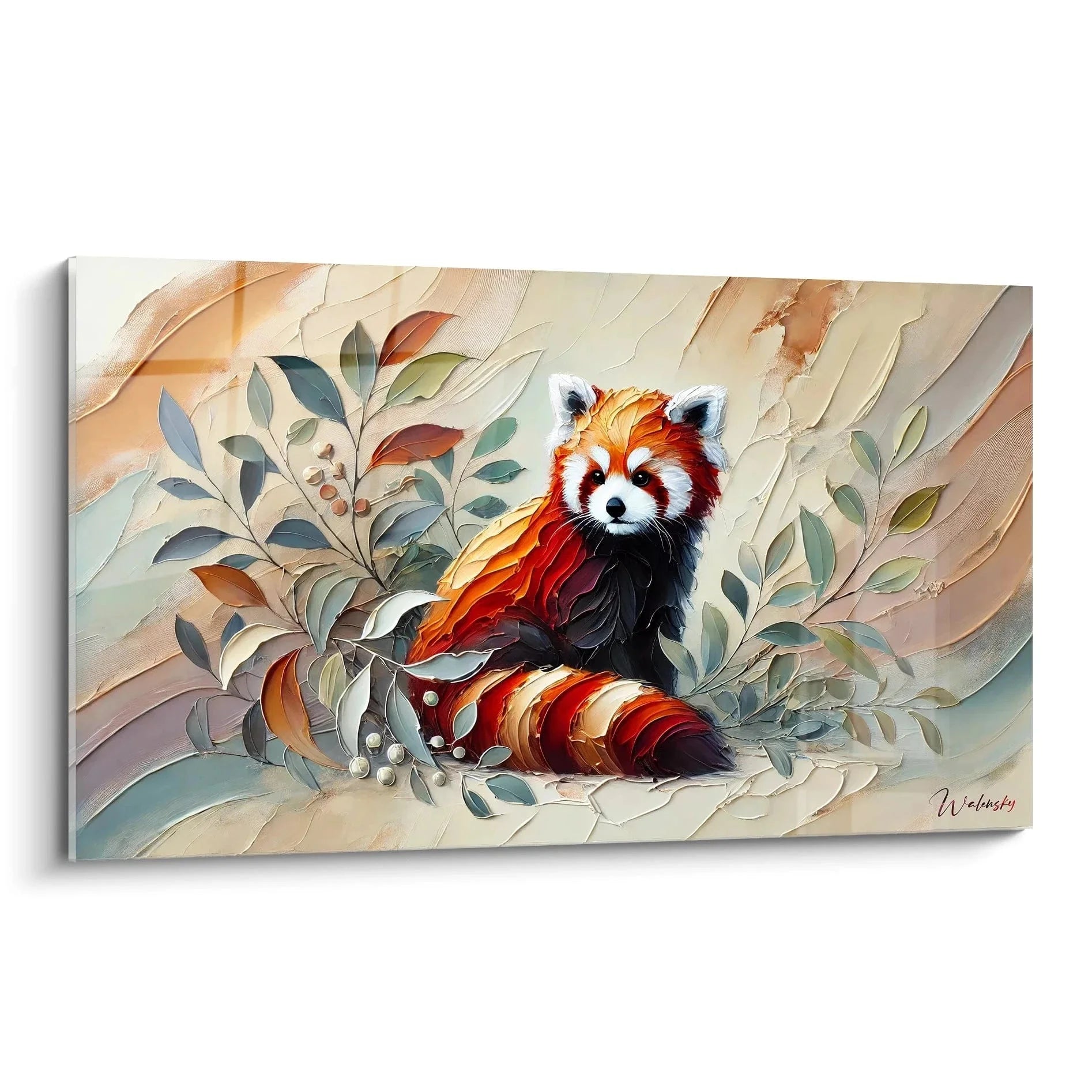 Wandbild Roter Panda Aquarell mit botanischen Elementen in warmen Herbstfarben für moderne Wanddekoration