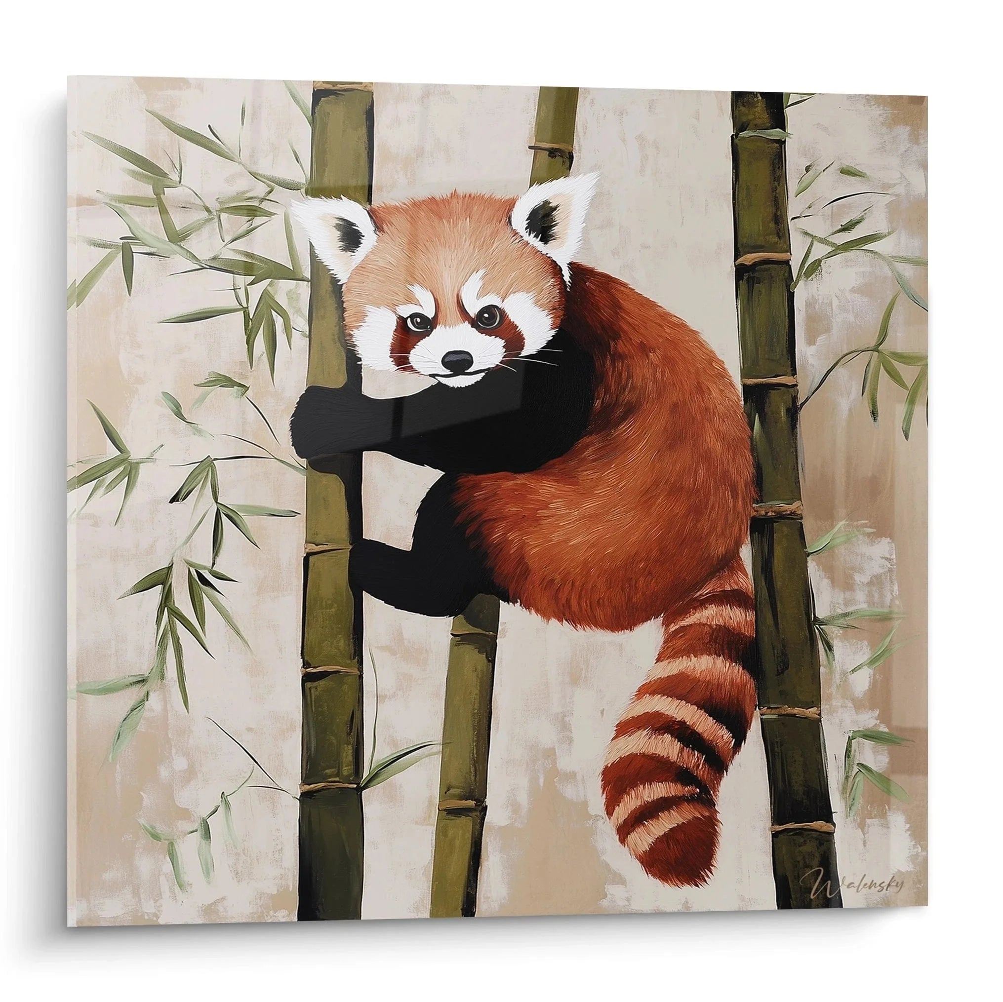 Wandbild Roter Panda klettert elegant im grünen Bambus mit warmem rotbraunem Fell