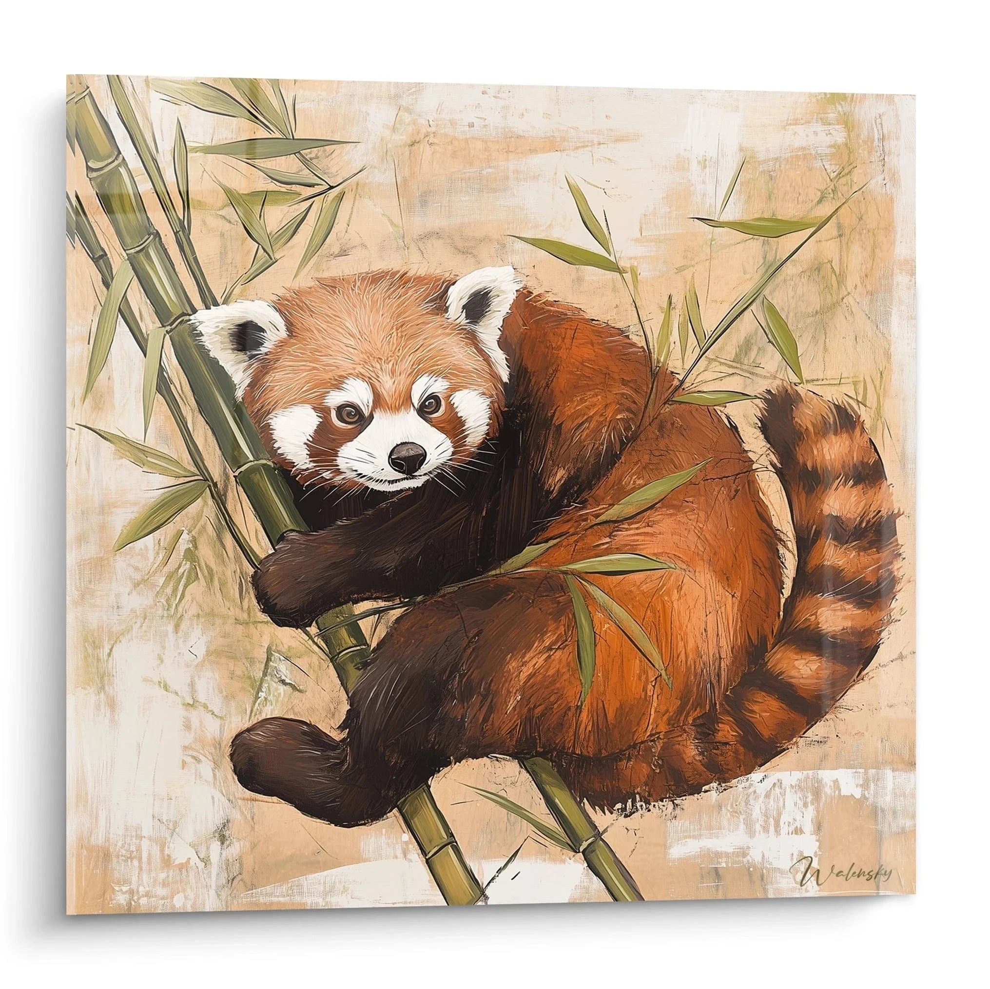 Wandbild Roter Panda im Bambuswald mit warmen Rottönen und grünen Bambushalmen auf beigem Hintergrund