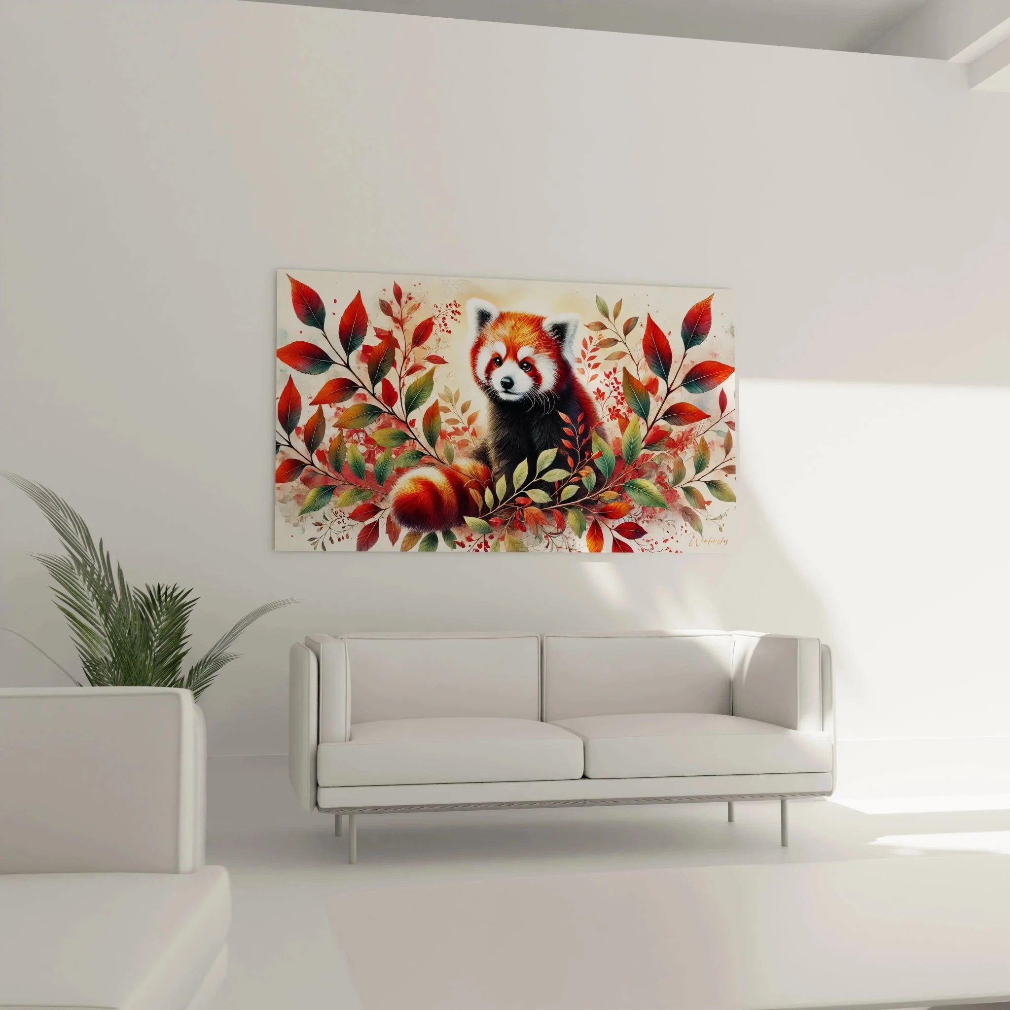 Detailansicht Wandbild Roter Panda mit roten Beeren und Herbstblättern