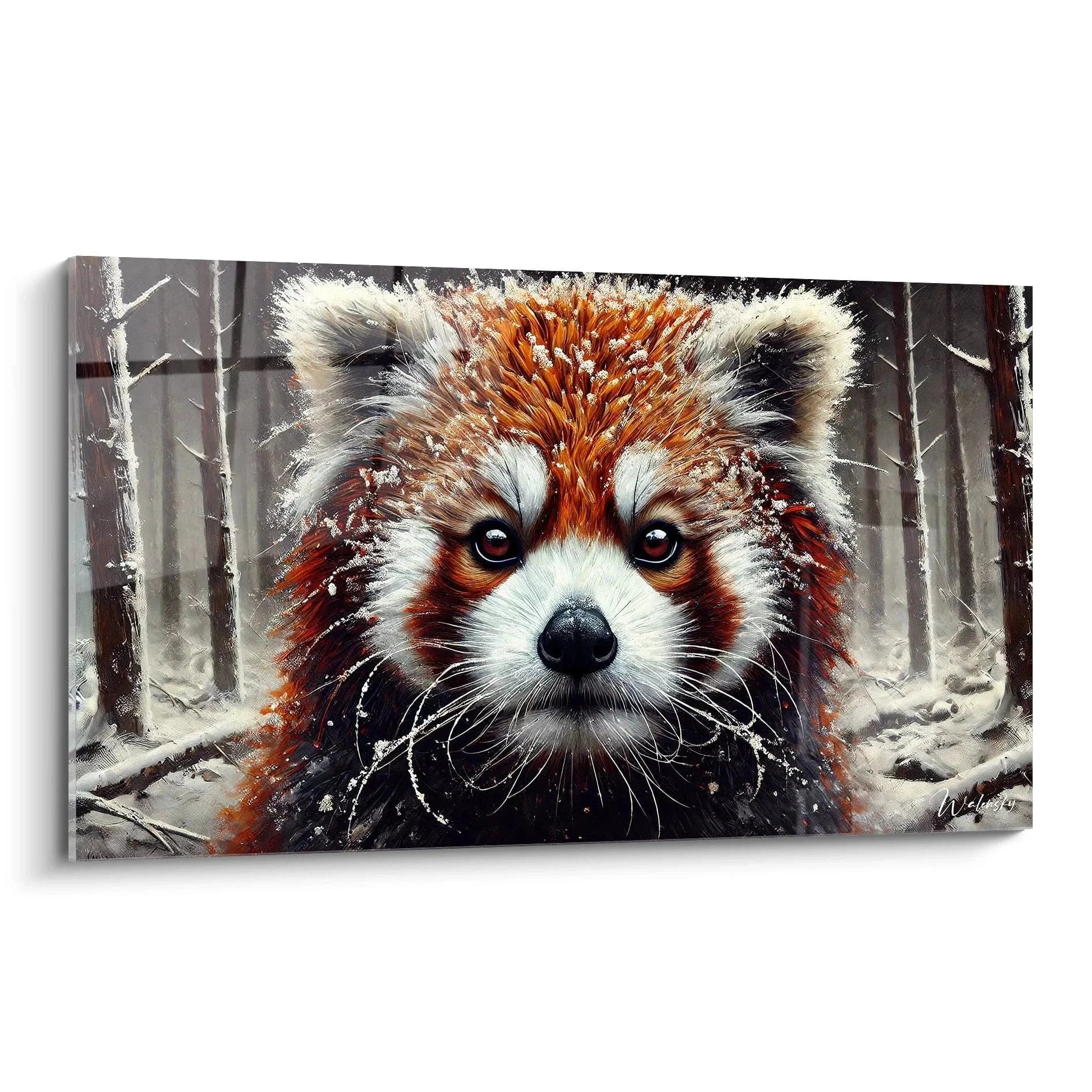 Wandbild Roter Panda im verschneiten Winterwald mit ausdrucksstarken Augen und rötlichem Fell