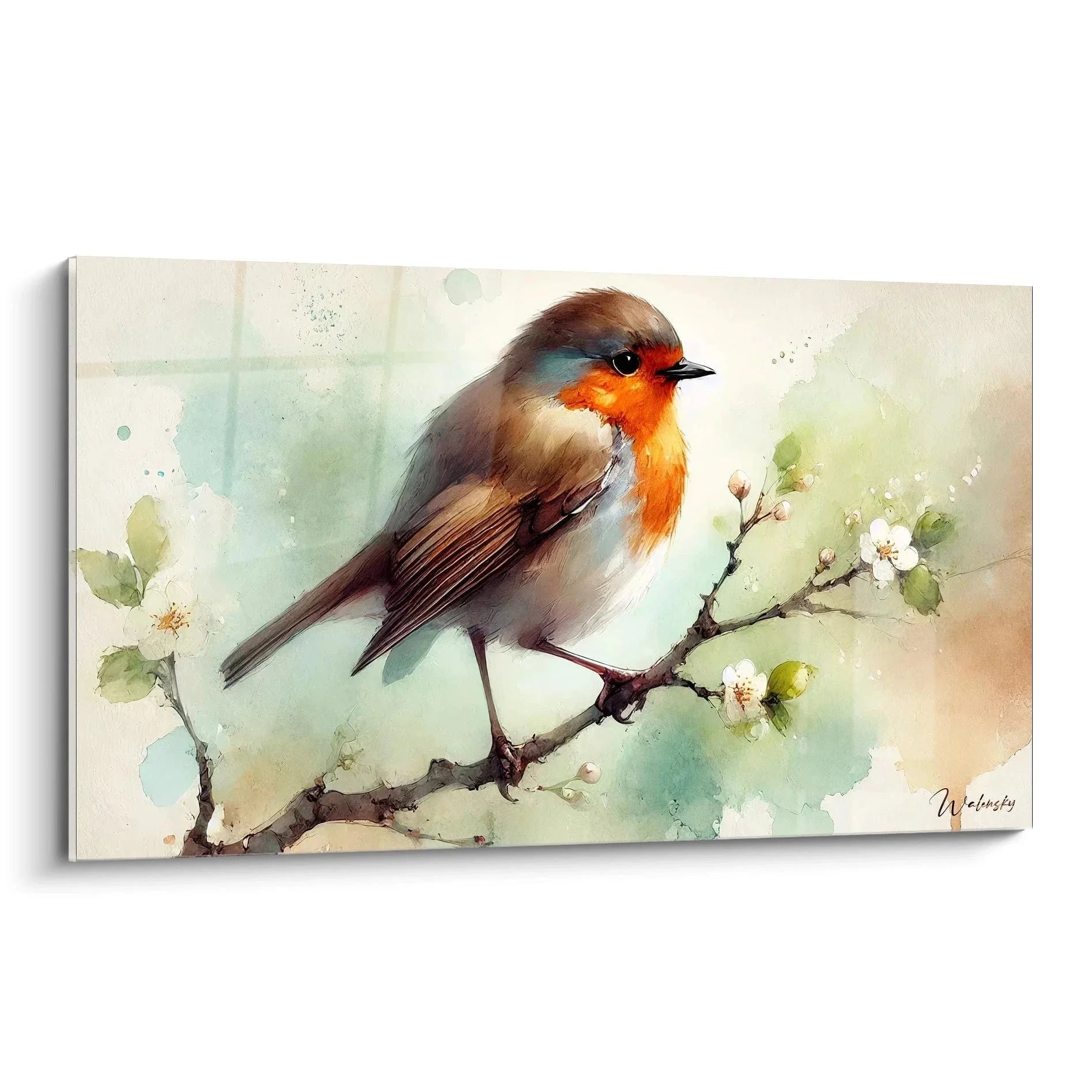 Wandbild Rotkehlchen Aquarell auf blühendem Ast mit weißen Blüten in pastelligen Farbtönen