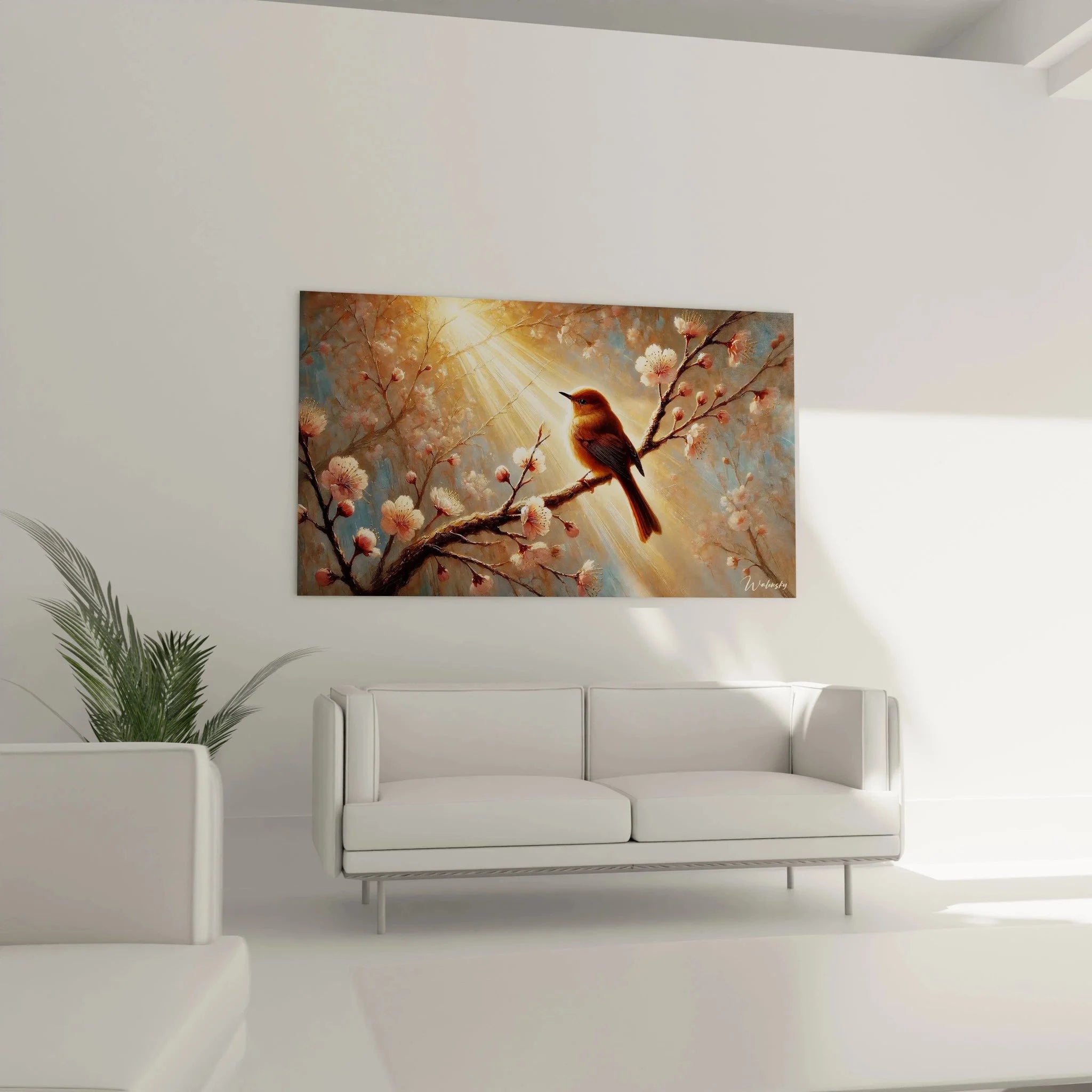 Detailansicht Wandbild Rotkehlchen - Singvogel Leinwandbild mit Kirschblüten Nahaufnahme