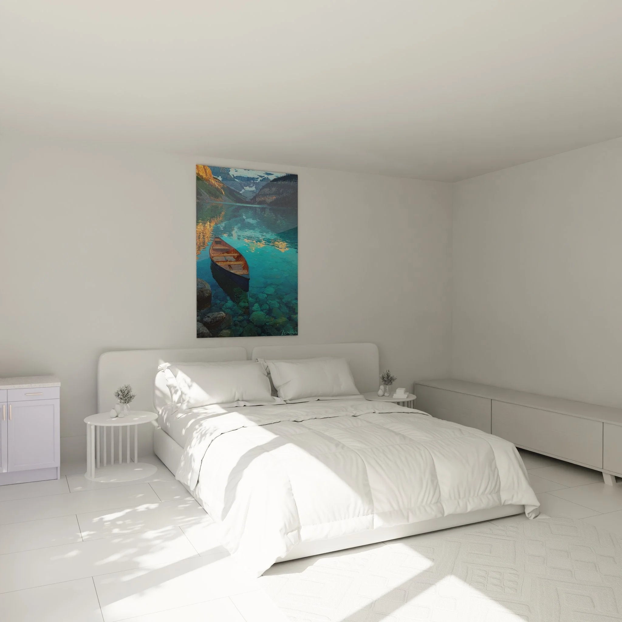 Wandbild Ruderboot Bergsee in elegantem Schlafzimmer als beruhigende Wanddekoration
