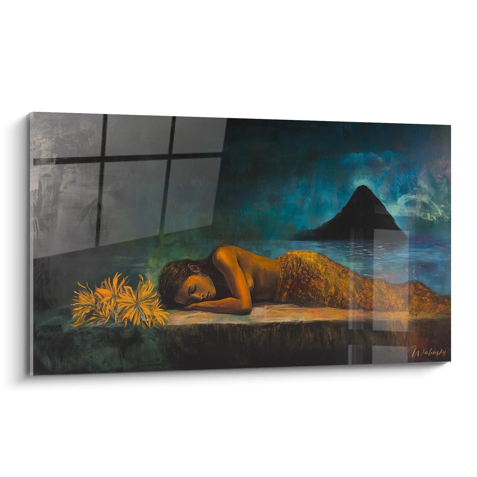 Wandbild ruhende Frau Gauguin Stil tropisches Ambiente mit Ananas und Berglandschaft