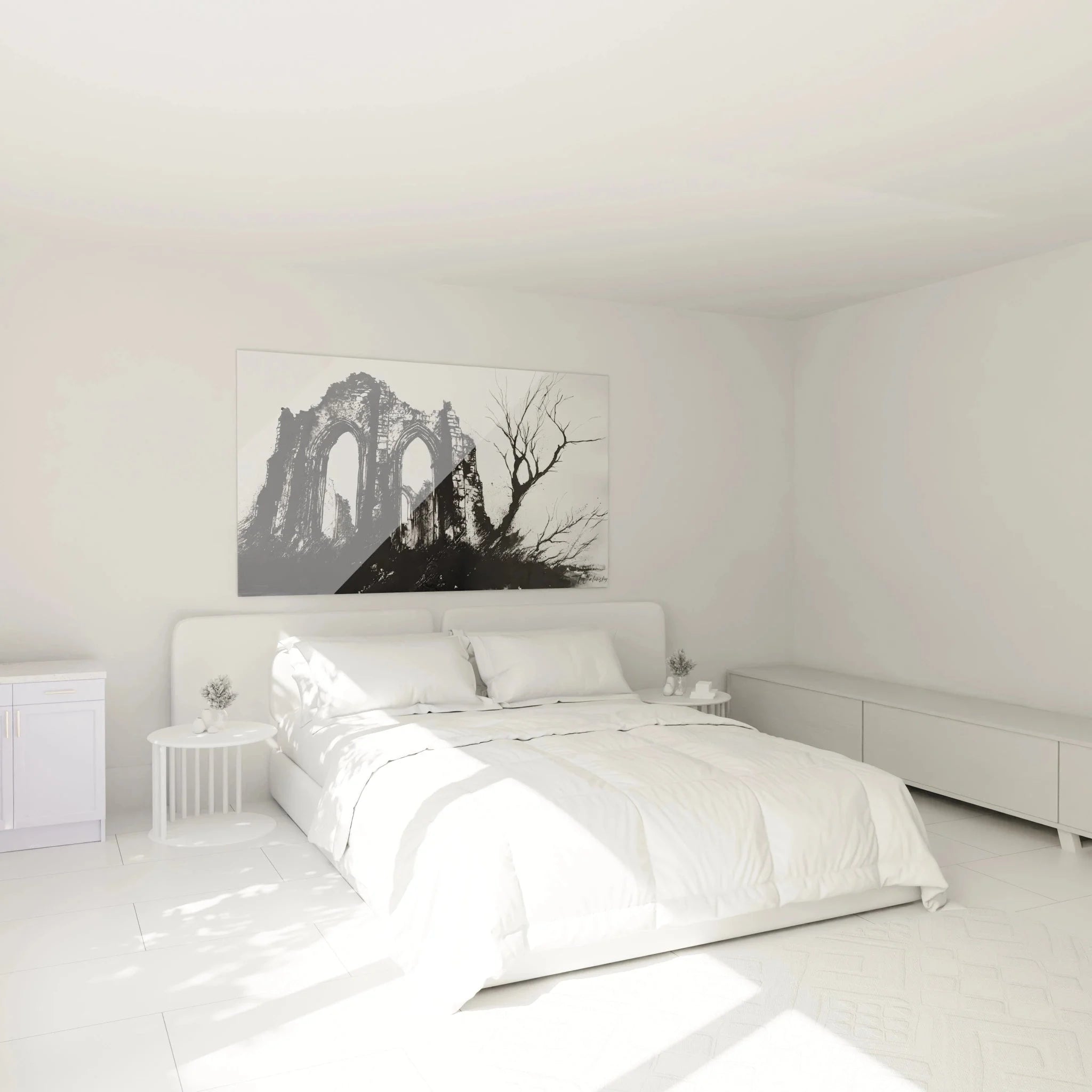 Atmosphärisches Wandbild Ruine als Schlafzimmer Dekoration in elegantem Schwarz-Weiß Design der Romantik