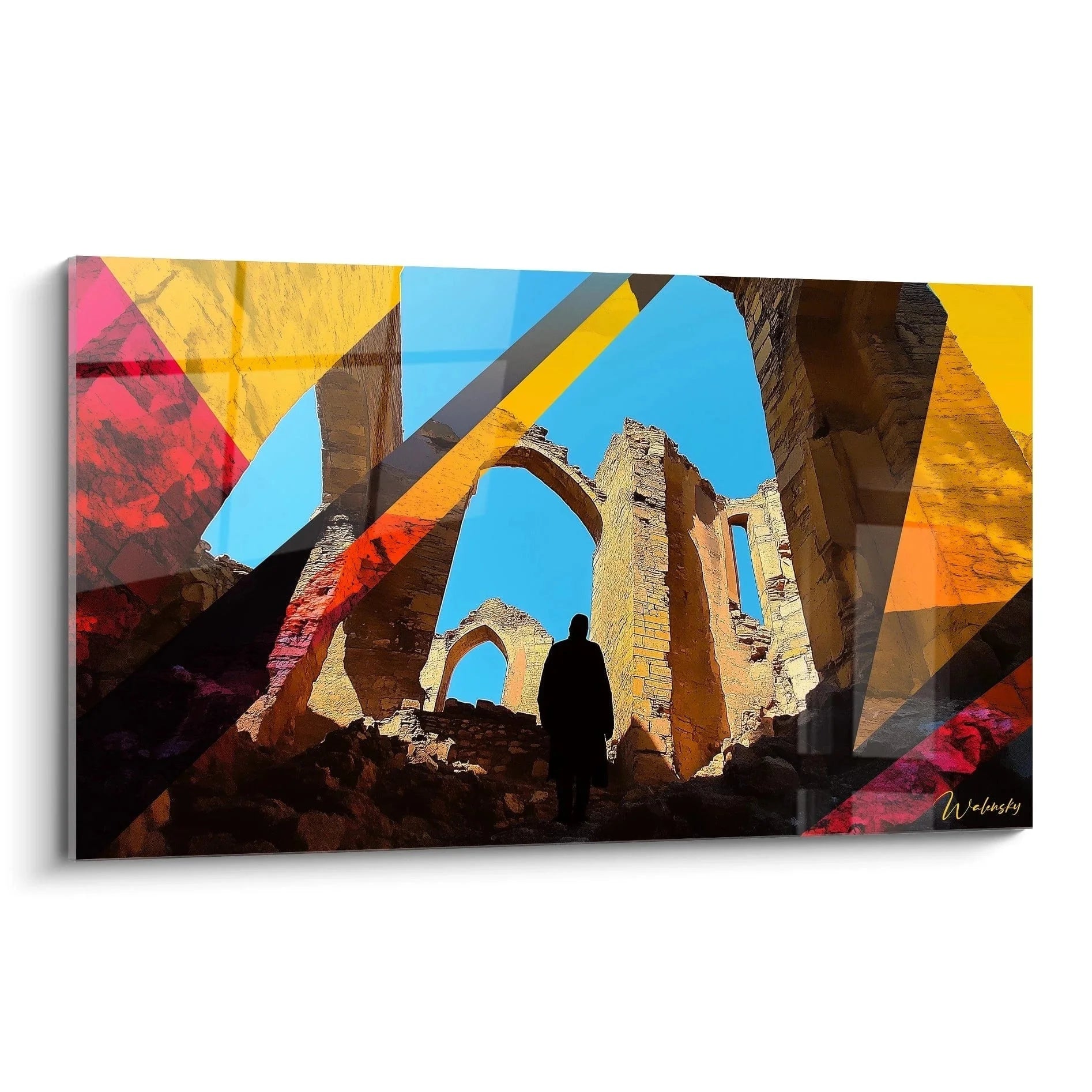 Wandbild Ruinenlandschaft mit geometrischen Formen im Stil Caspar David Friedrich, mystische Architektur