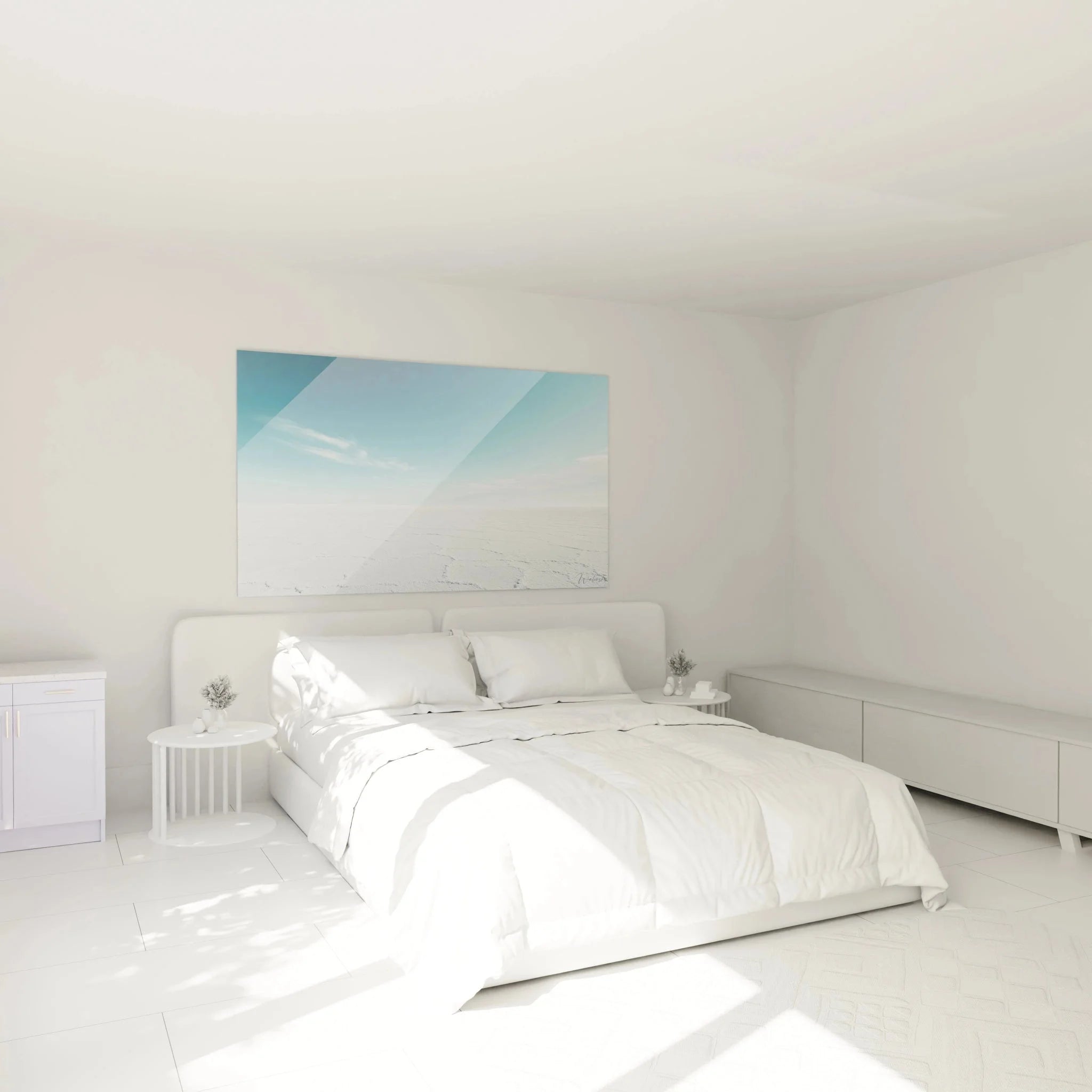 Wandbild Salzwüste in modernem Schlafzimmer - beruhigende Wüstenlandschaft als Wanddekoration