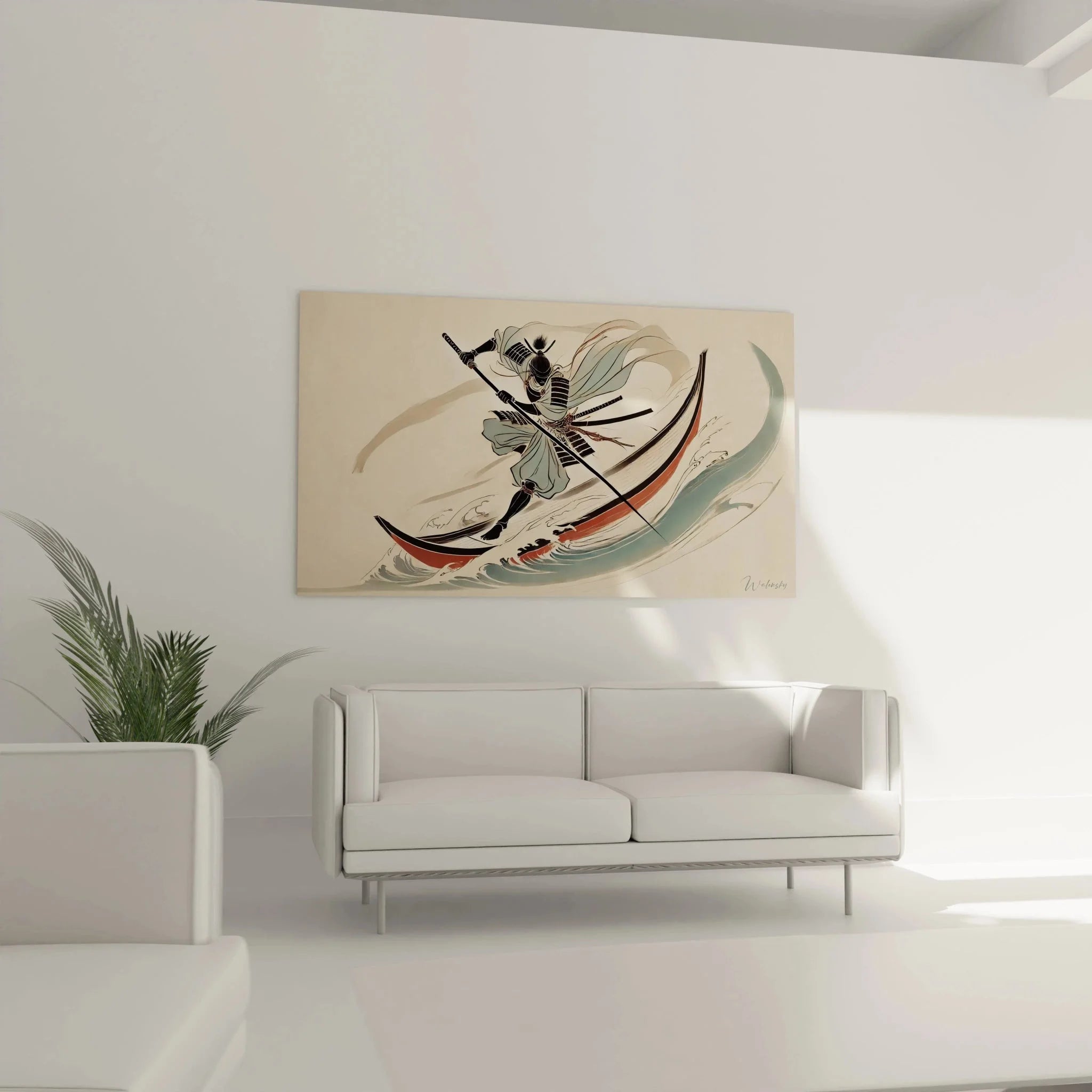Detailansicht Wandbild Samurai mit traditioneller Rüstung und Schwertern, hochwertige asiatische Wandkunst