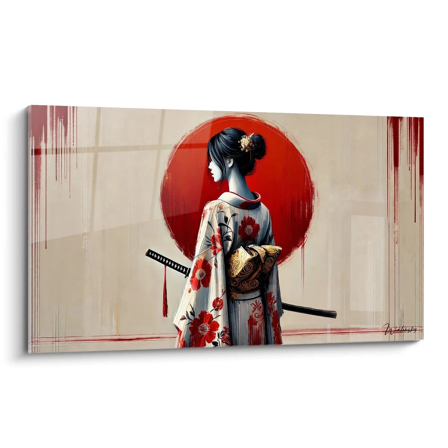 Wandbild Samurai Geisha im traditionellen Kimono vor roter Sonne - Japanische Wandkunst XXL